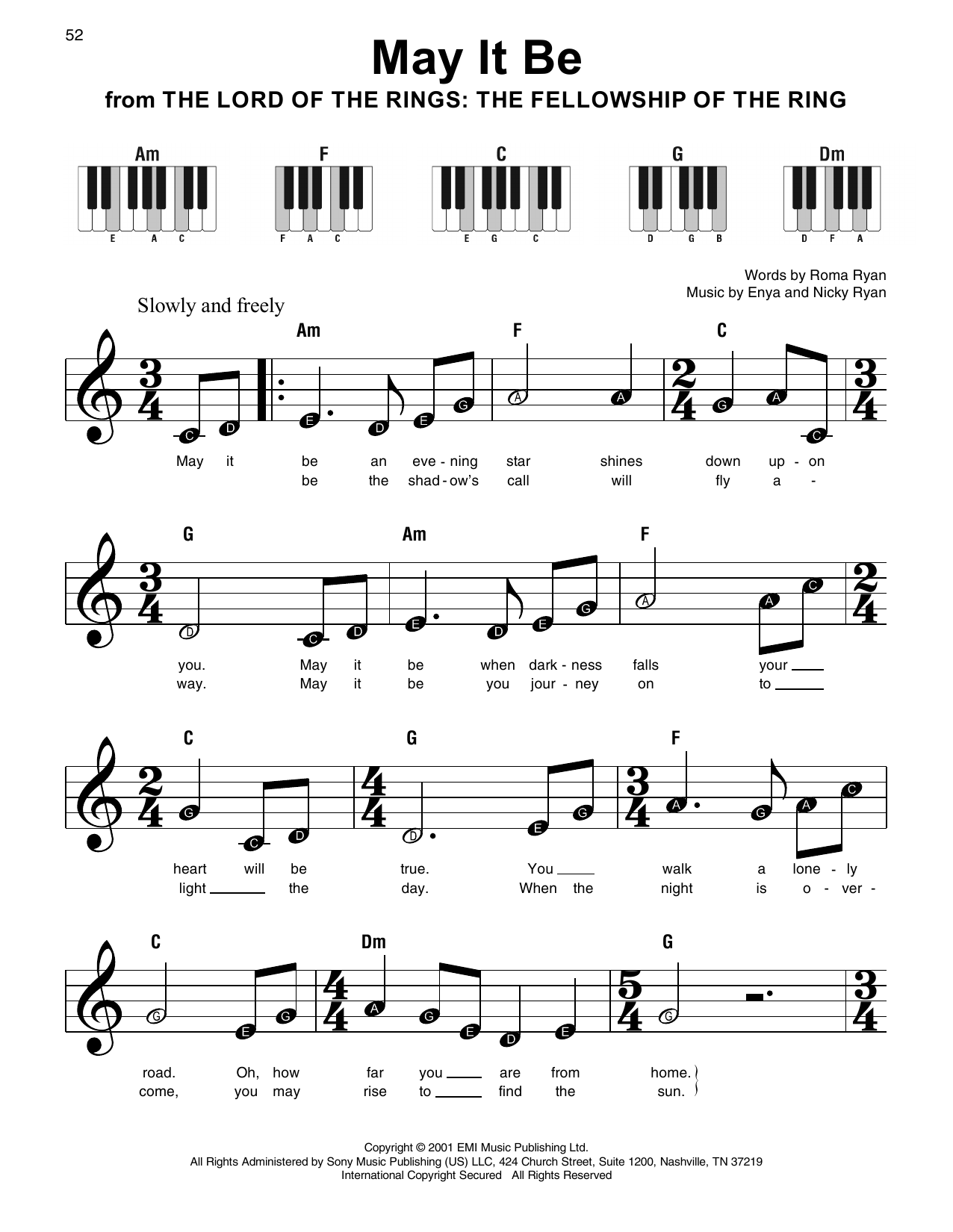 Enya May It Be (from The Lord Of The Rings: The Fellowship Of The Ring) sheet music notes and chords arranged for Super Easy Piano