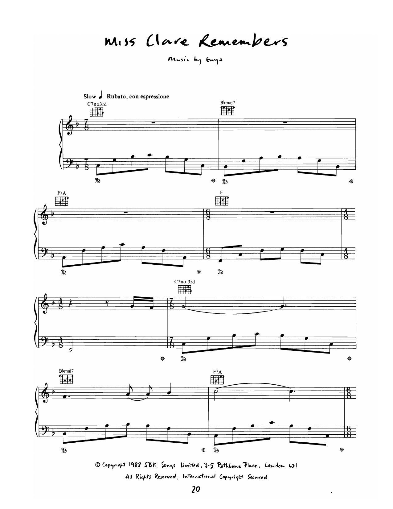 Enya Miss Clare Remembers sheet music notes and chords arranged for Piano Solo