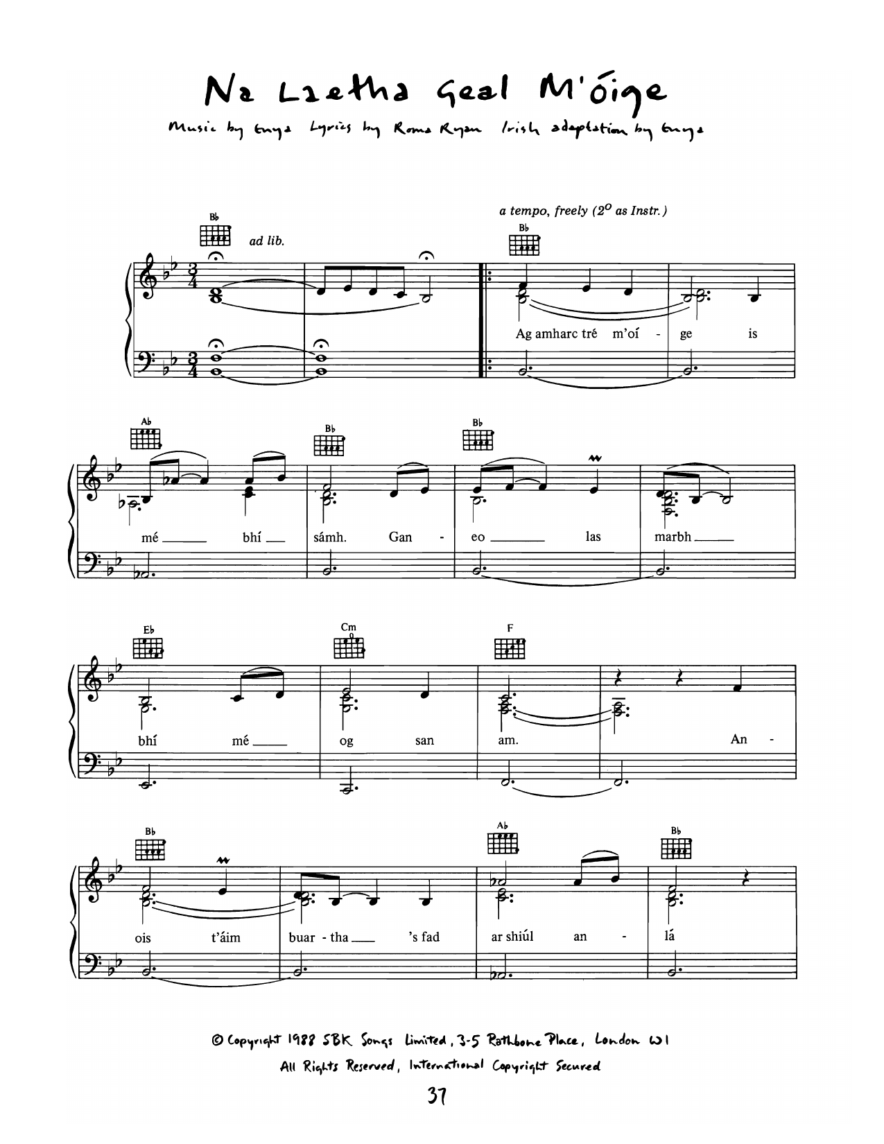 Enya Na Laetha Geal Moige sheet music notes and chords arranged for Piano, Vocal & Guitar Chords (Right-Hand Melody)