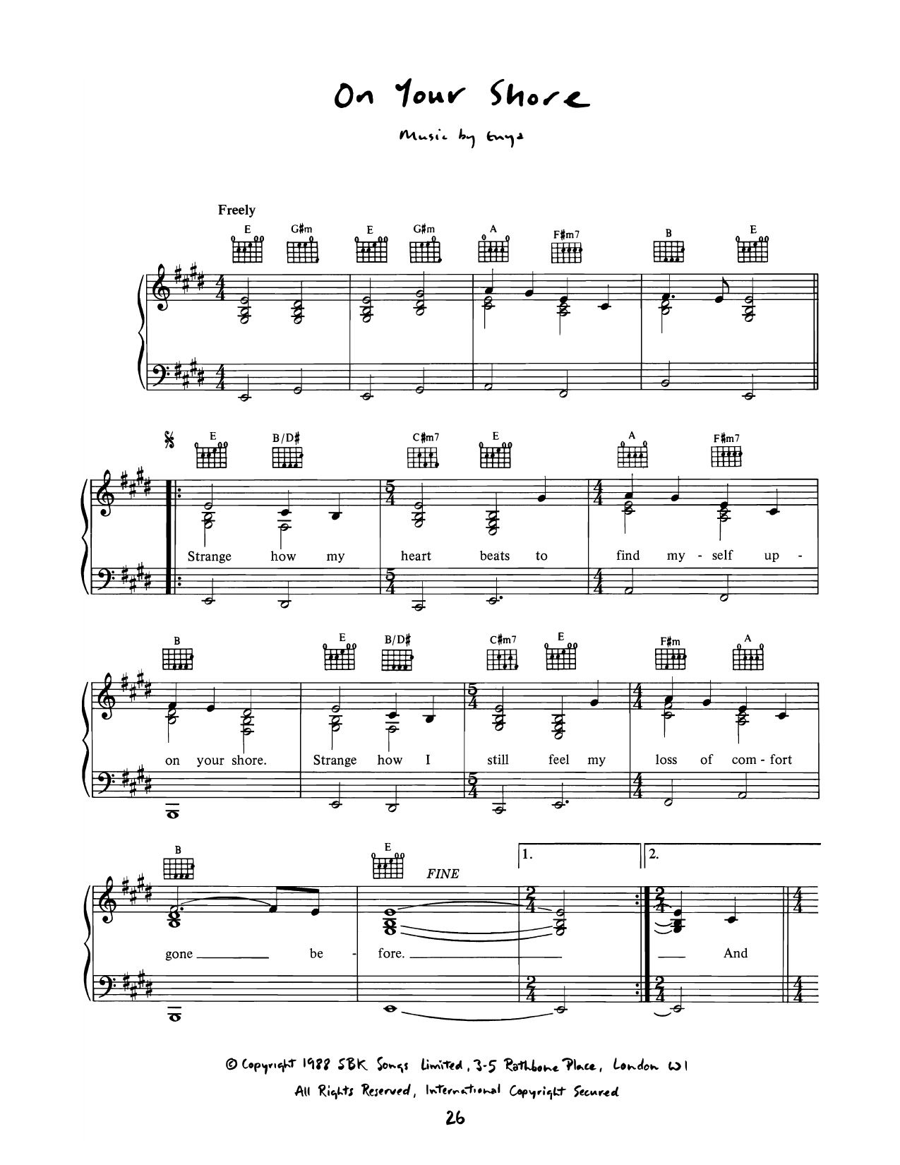 Enya On Your Shore sheet music notes and chords arranged for Piano, Vocal & Guitar Chords (Right-Hand Melody)