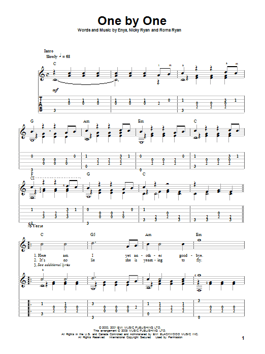Enya One By One sheet music notes and chords arranged for Solo Guitar