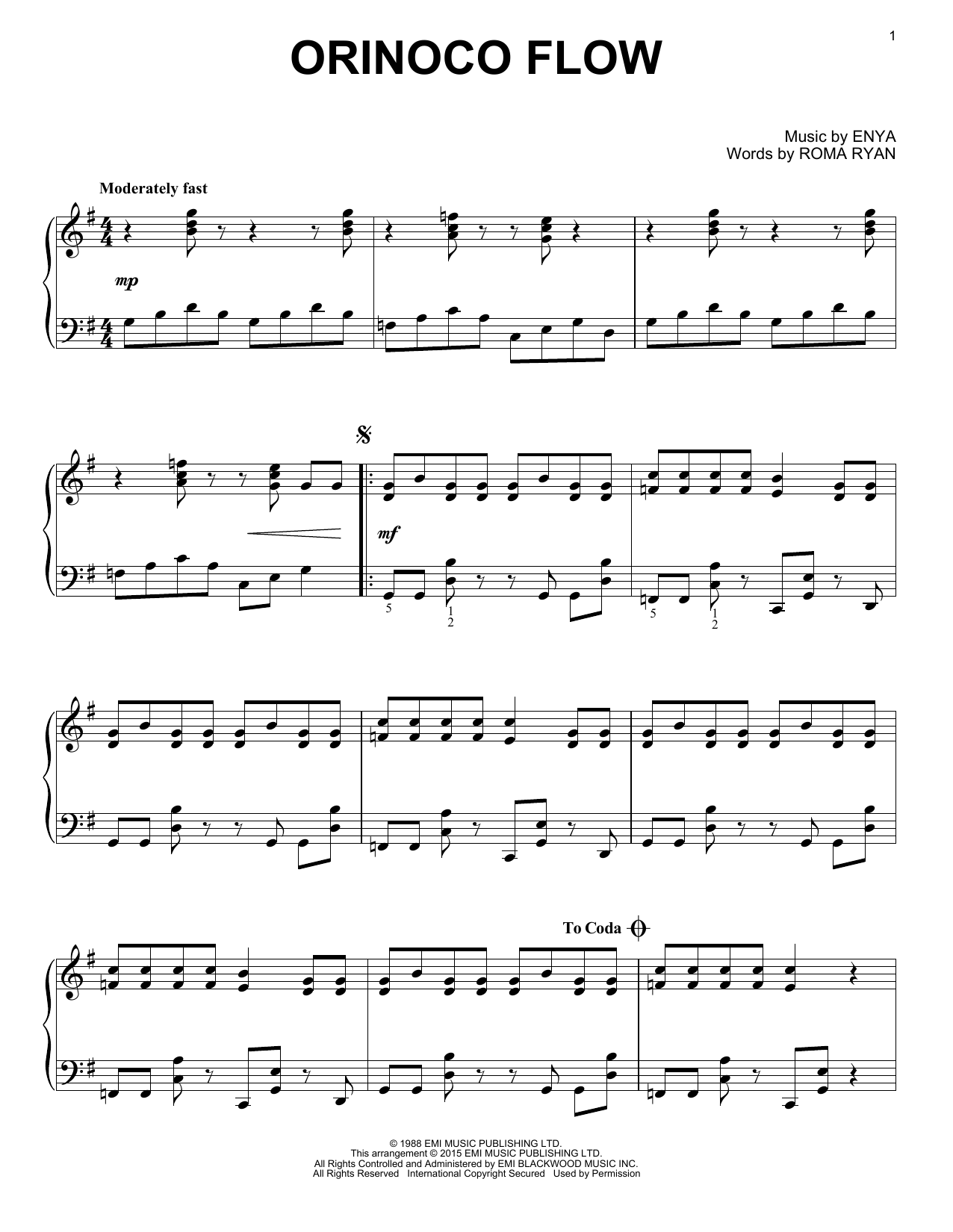 Enya Orinoco Flow sheet music notes and chords arranged for Piano Solo