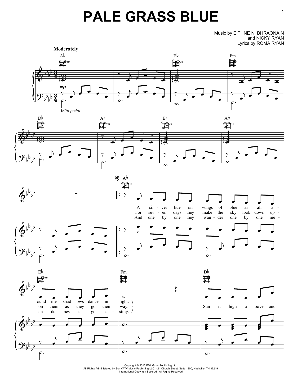 Enya Pale Grass Blue sheet music notes and chords arranged for Piano, Vocal & Guitar Chords (Right-Hand Melody)