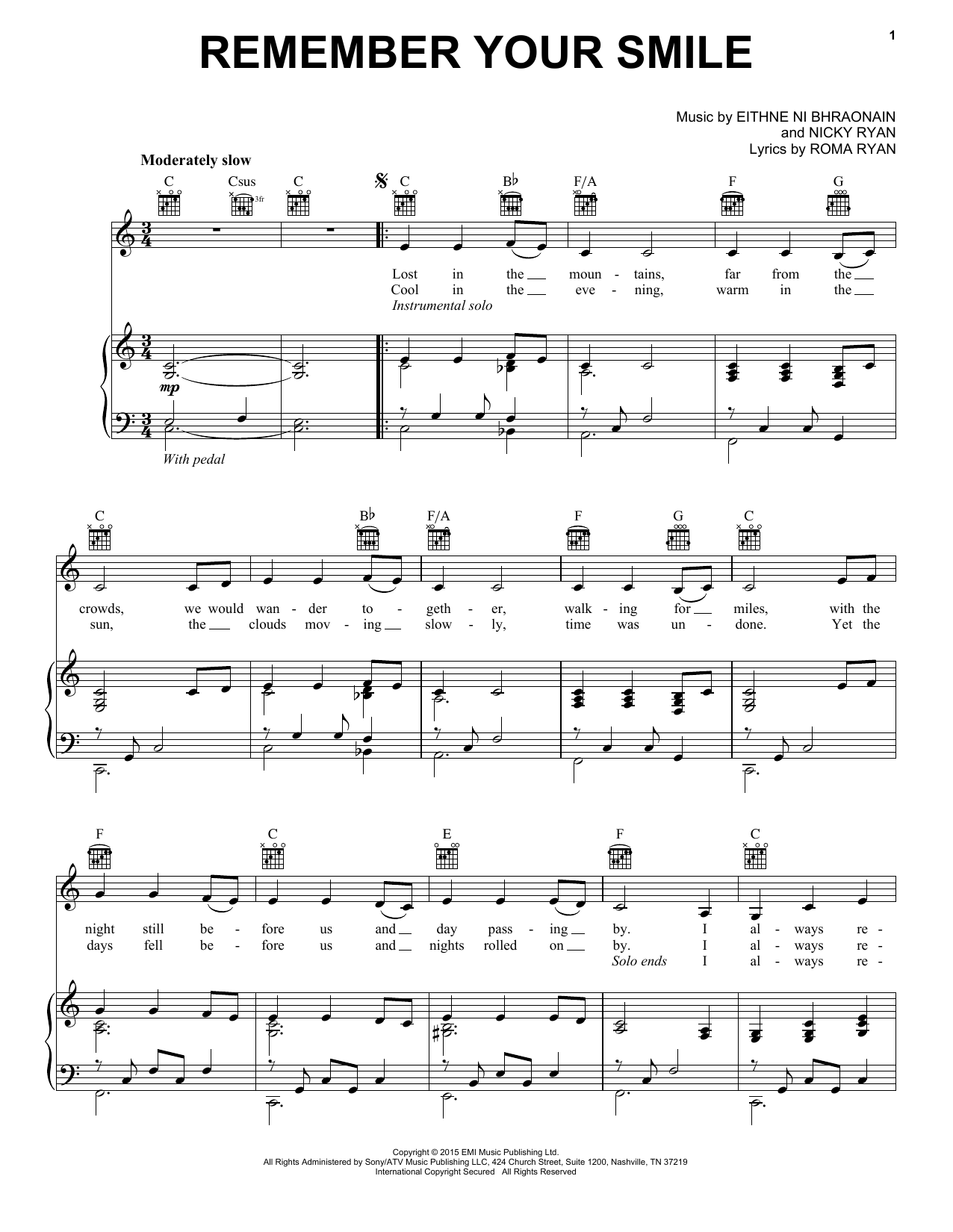 Enya Remember Your Smile sheet music notes and chords arranged for Piano, Vocal & Guitar Chords (Right-Hand Melody)