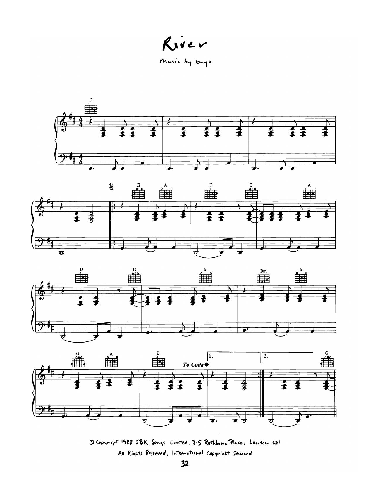 Enya River sheet music notes and chords arranged for Piano Solo