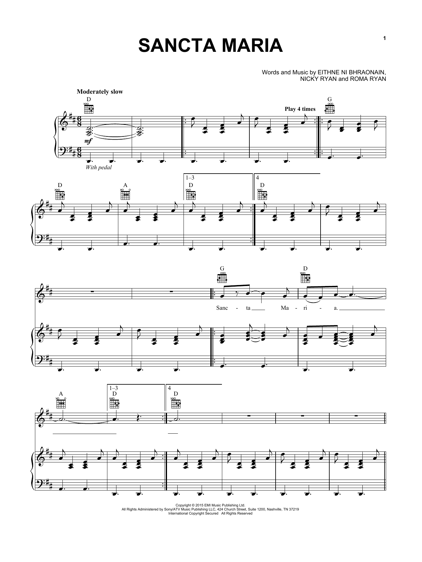 Enya Sancta Maria sheet music notes and chords arranged for Piano, Vocal & Guitar Chords (Right-Hand Melody)