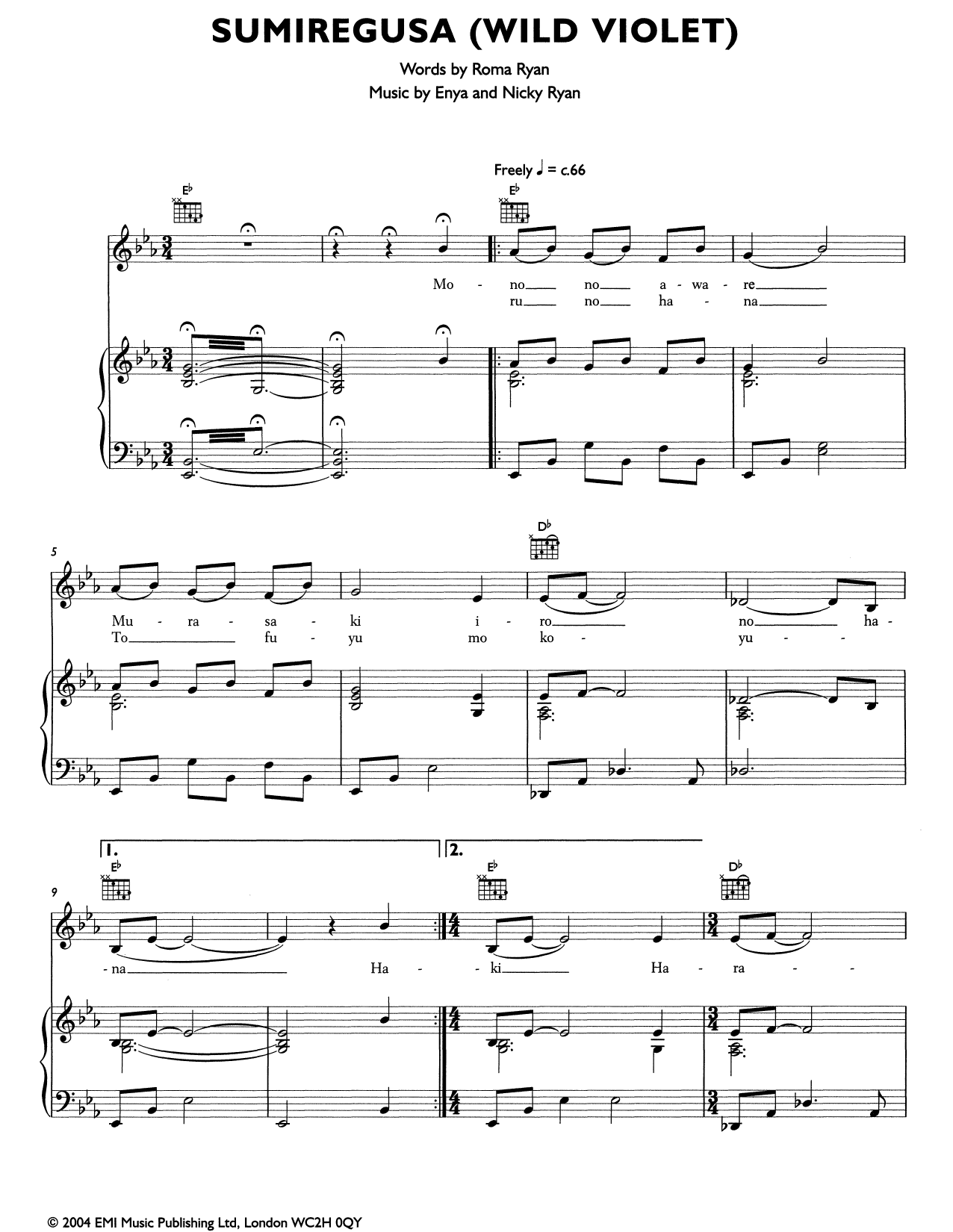 Enya Semiregusa (Wild Violet) sheet music notes and chords arranged for Piano, Vocal & Guitar Chords (Right-Hand Melody)