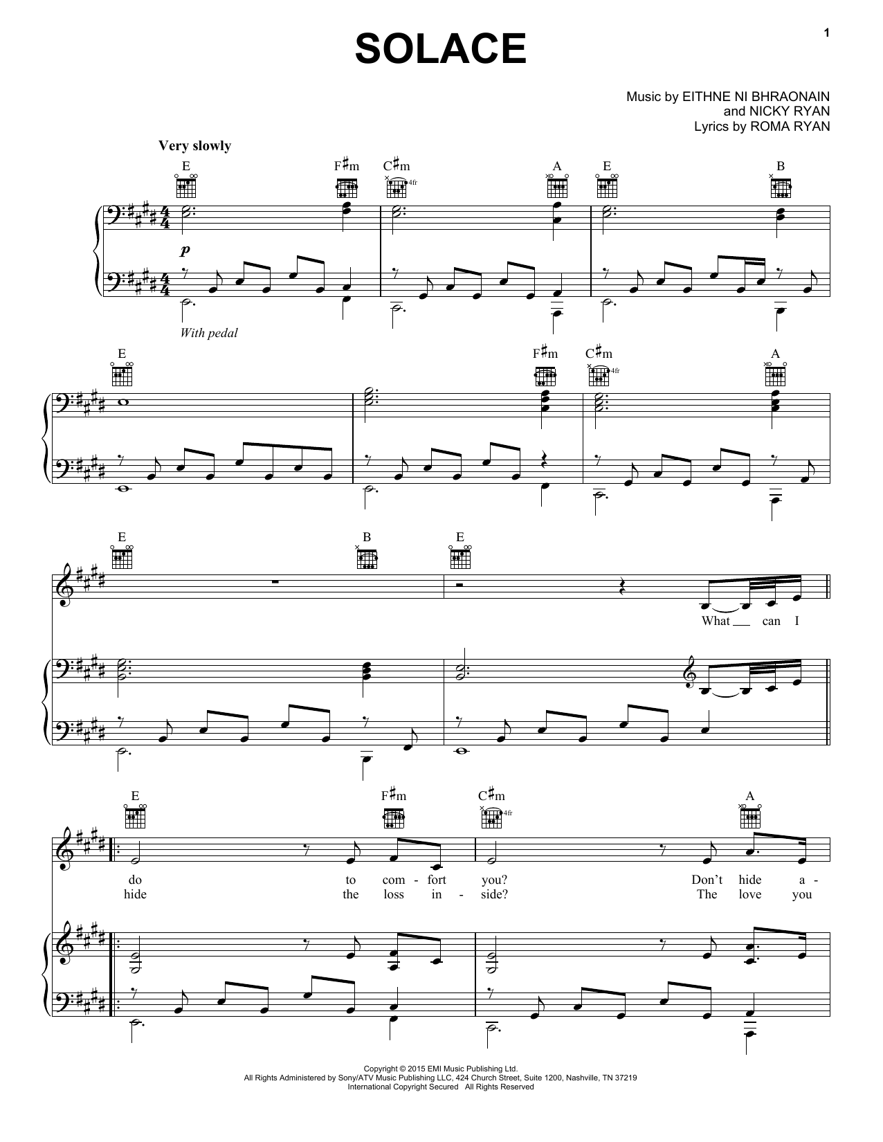 Enya Solace sheet music notes and chords arranged for Piano, Vocal & Guitar Chords (Right-Hand Melody)