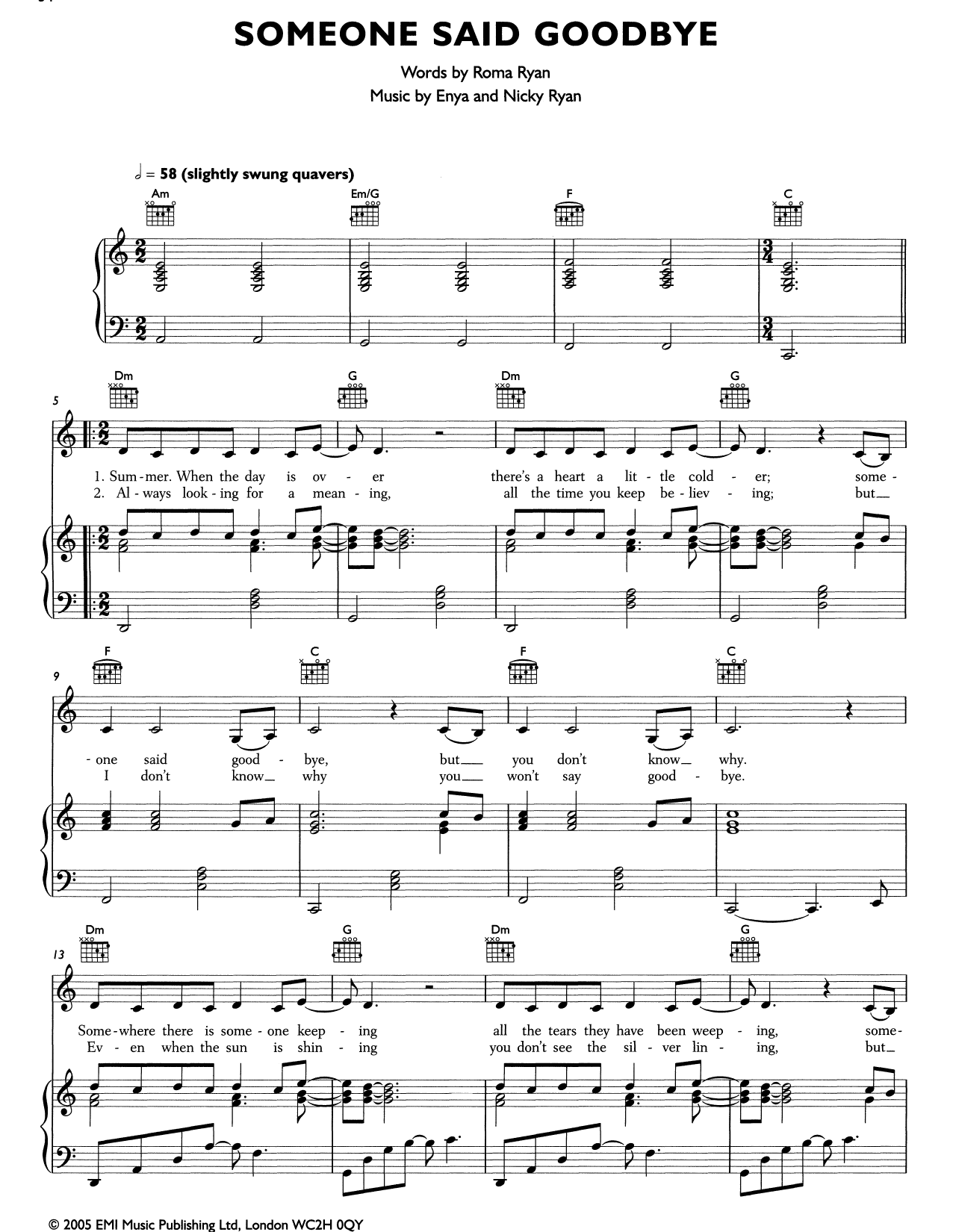 Enya Someone Said Goodbye sheet music notes and chords arranged for Piano, Vocal & Guitar Chords (Right-Hand Melody)