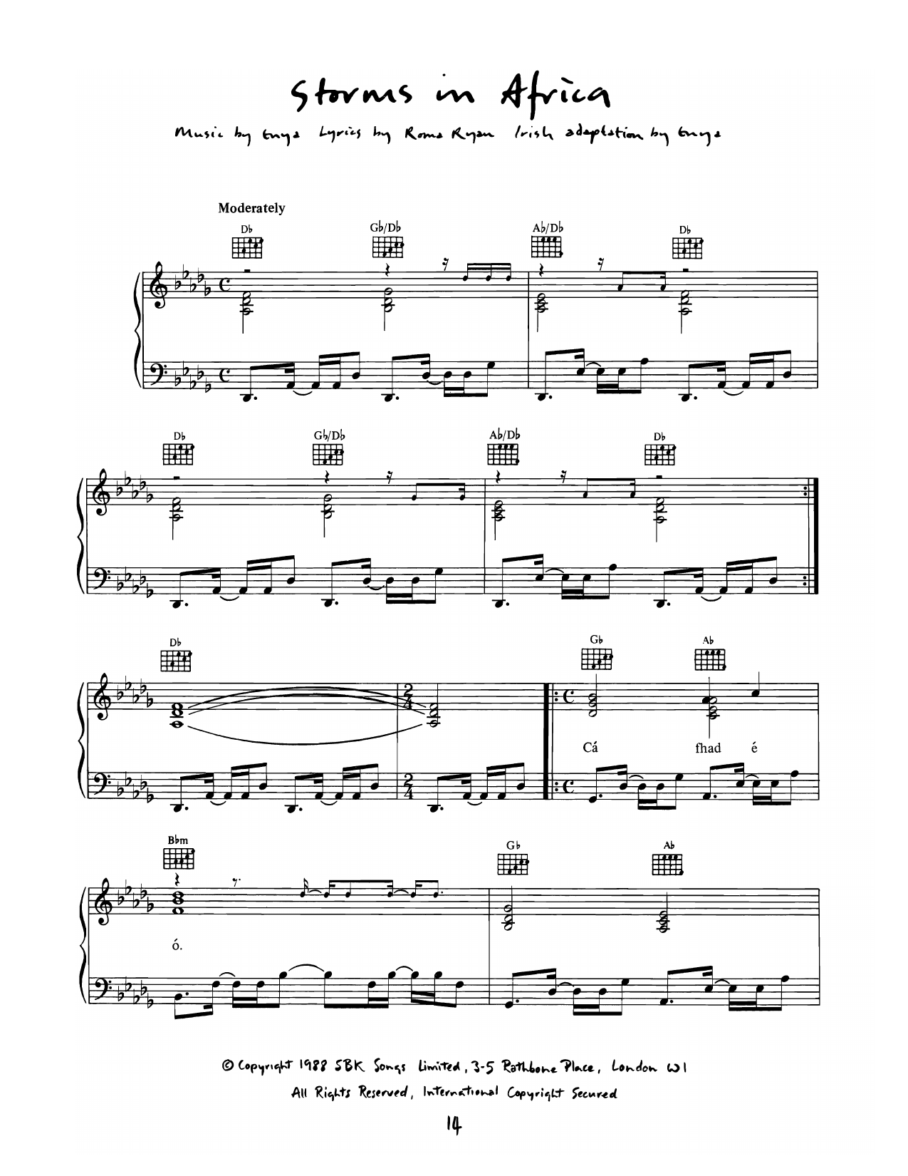 Enya Storms In Africa sheet music notes and chords arranged for Piano, Vocal & Guitar Chords (Right-Hand Melody)