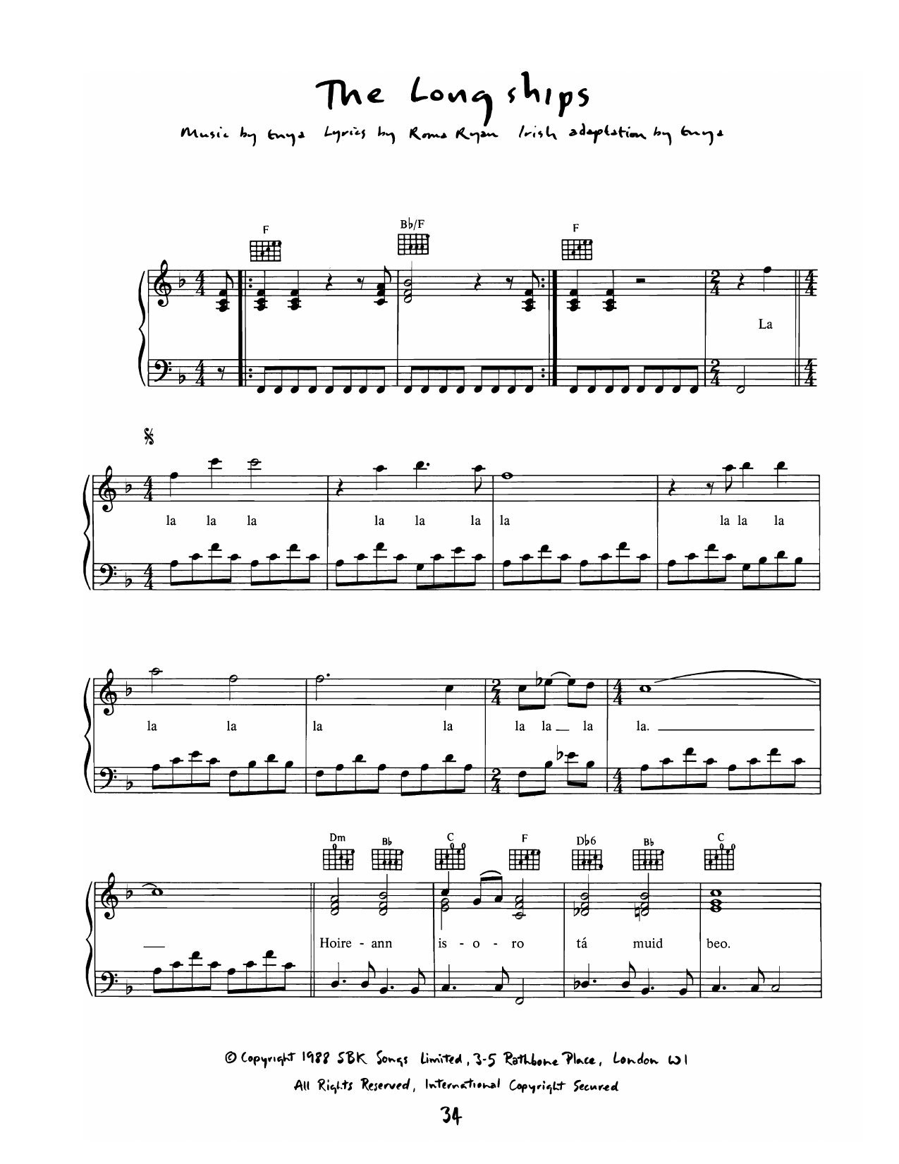 Enya The Long Ships sheet music notes and chords arranged for Piano, Vocal & Guitar Chords (Right-Hand Melody)