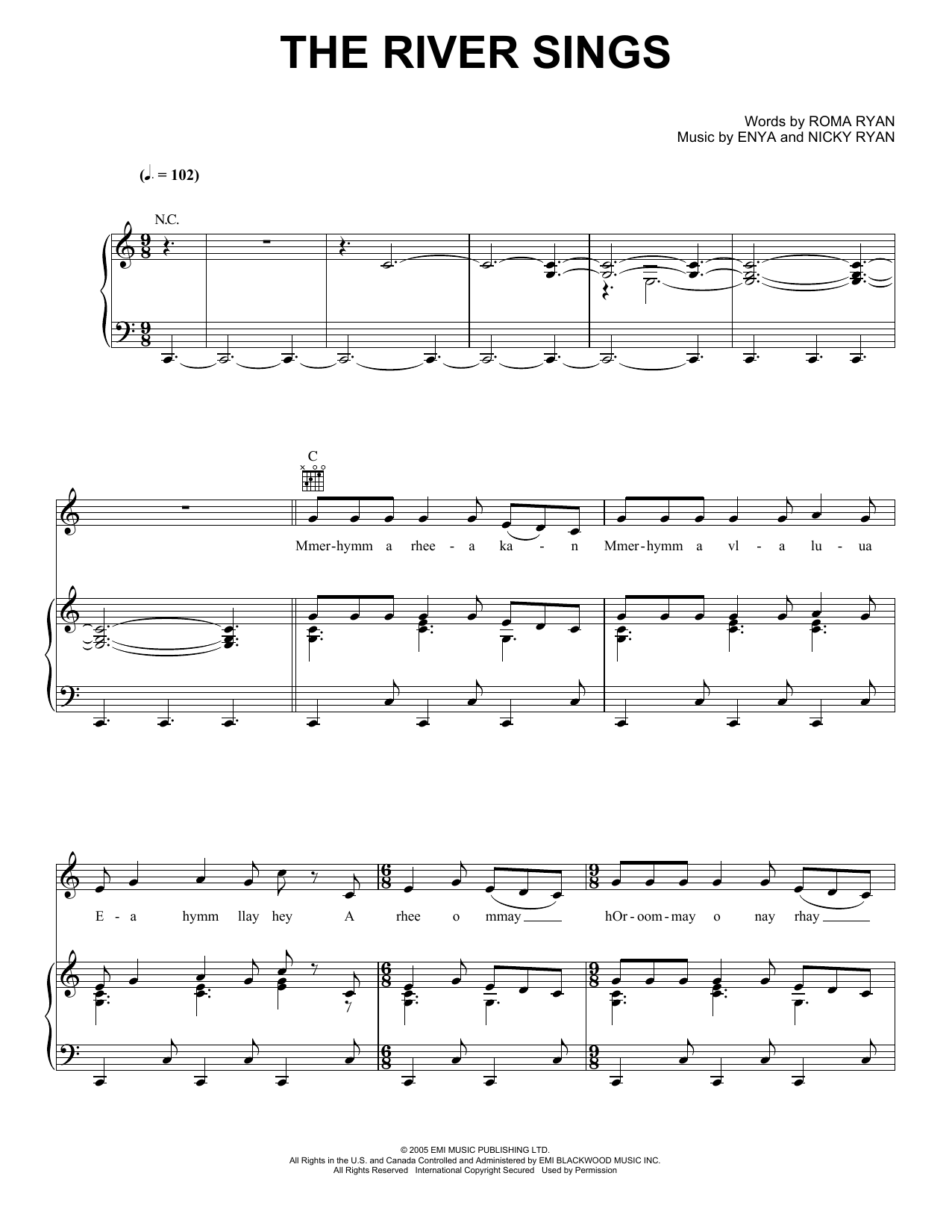 Enya The River Sings sheet music notes and chords arranged for Piano, Vocal & Guitar Chords (Right-Hand Melody)