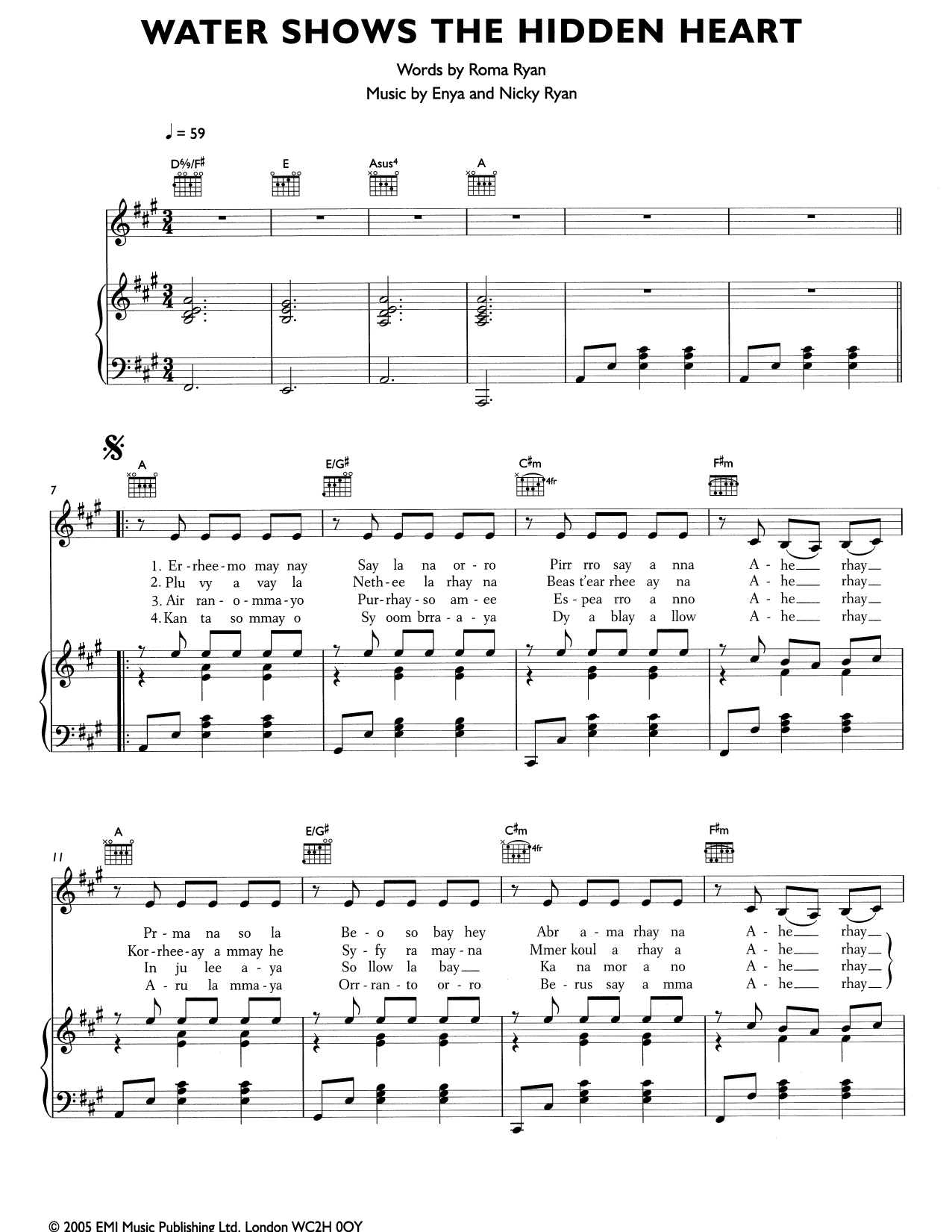 Enya Water Shows The Hidden Heart sheet music notes and chords arranged for Piano, Vocal & Guitar Chords (Right-Hand Melody)
