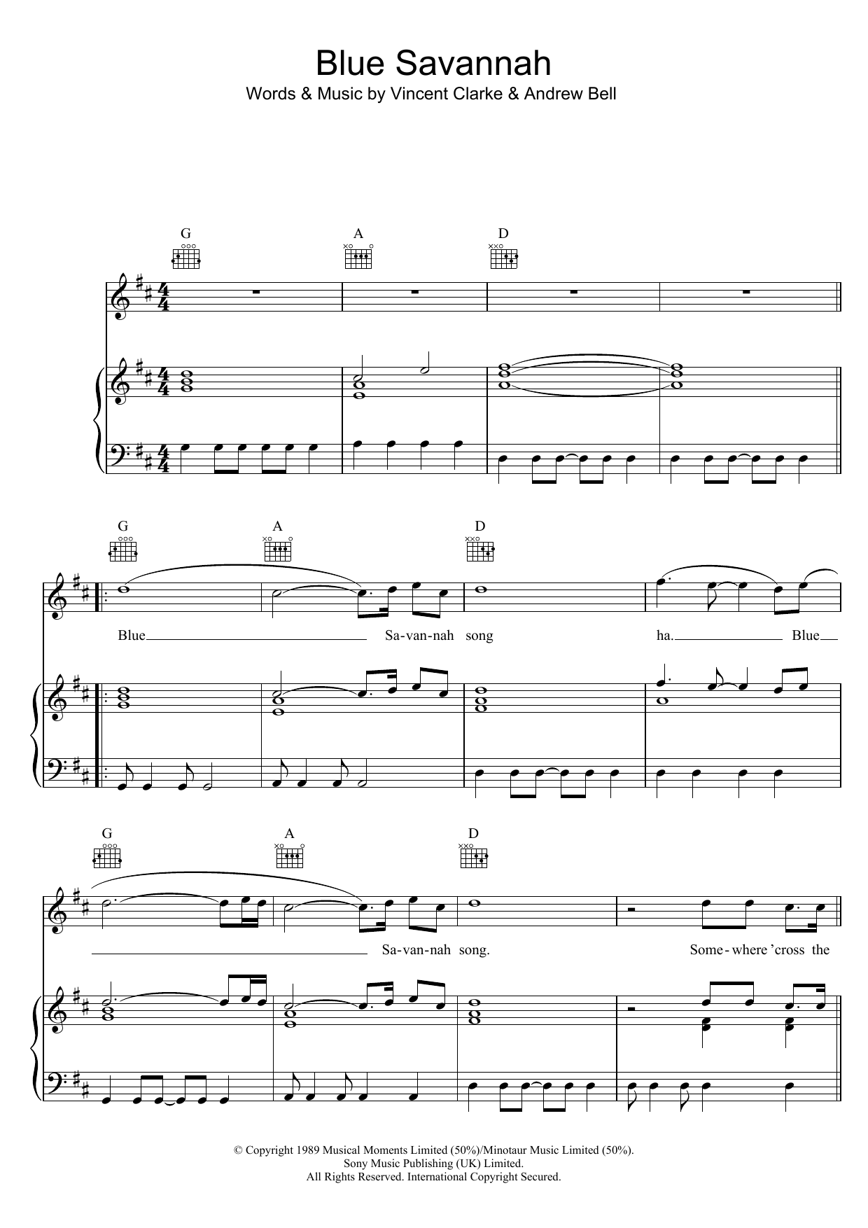 Erasure Blue Savannah sheet music notes and chords arranged for Piano, Vocal & Guitar Chords
