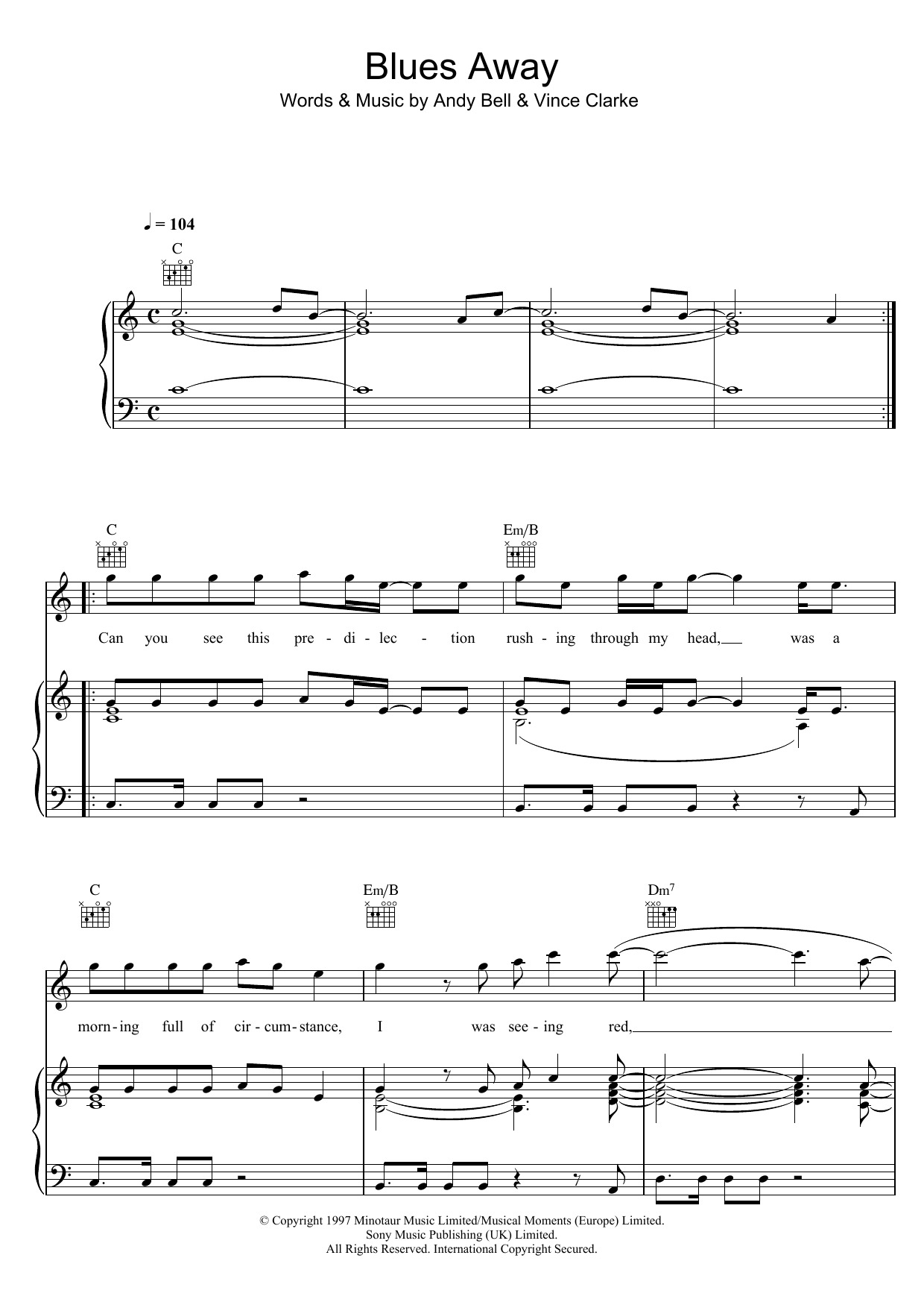 Erasure Blues Away sheet music notes and chords arranged for Piano, Vocal & Guitar Chords
