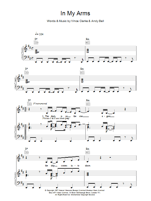 Erasure In My Arms sheet music notes and chords arranged for Piano, Vocal & Guitar Chords