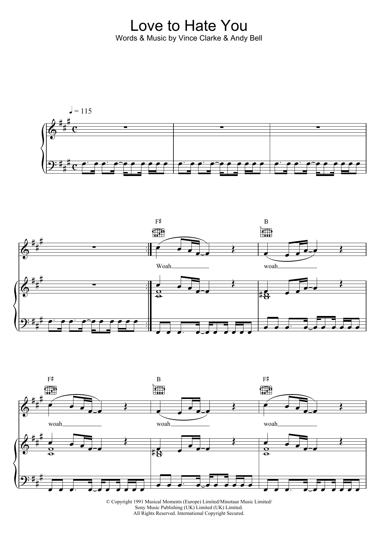 Erasure Love To Hate You sheet music notes and chords arranged for Piano, Vocal & Guitar Chords
