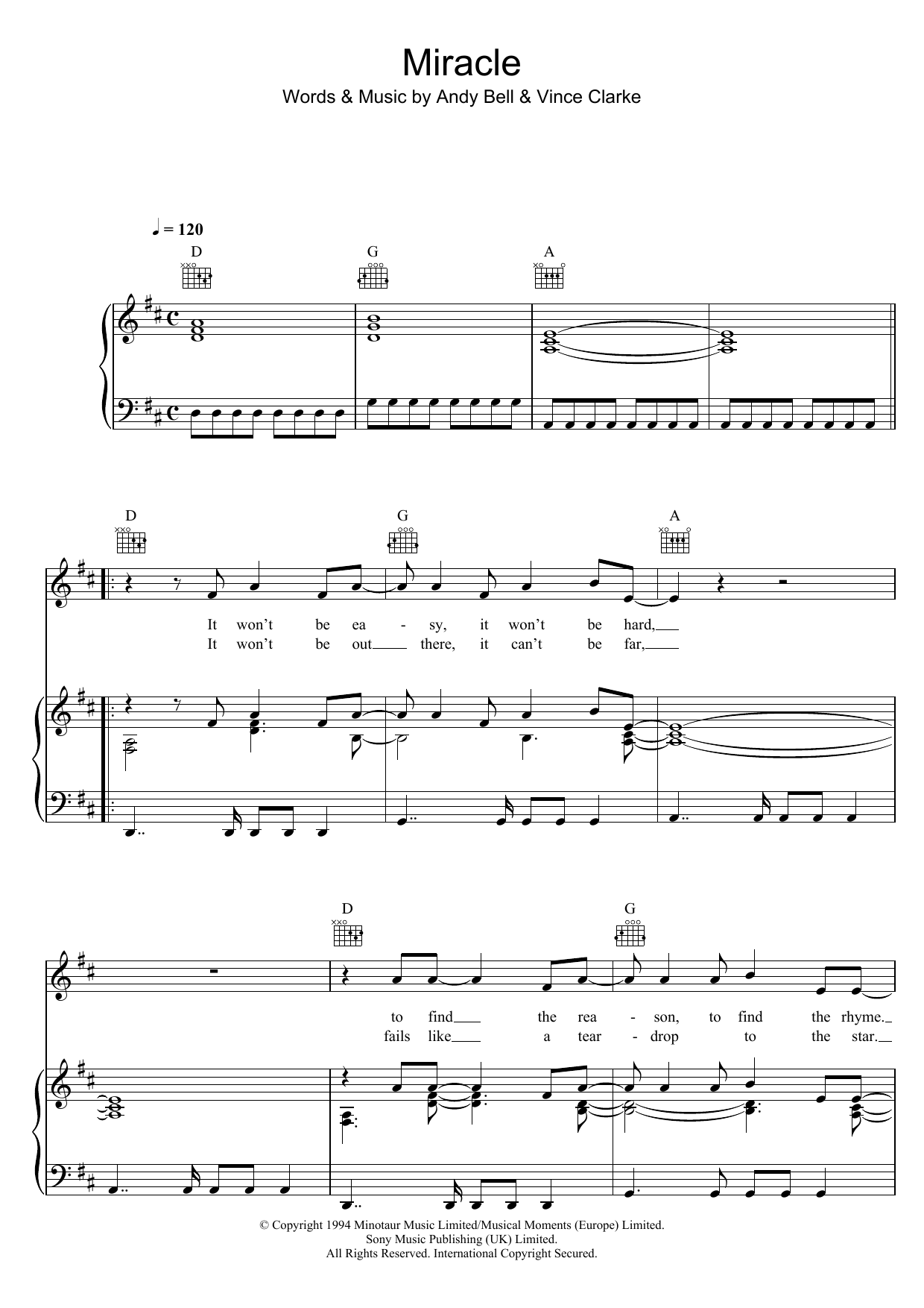 Erasure Miracle sheet music notes and chords arranged for Piano, Vocal & Guitar Chords