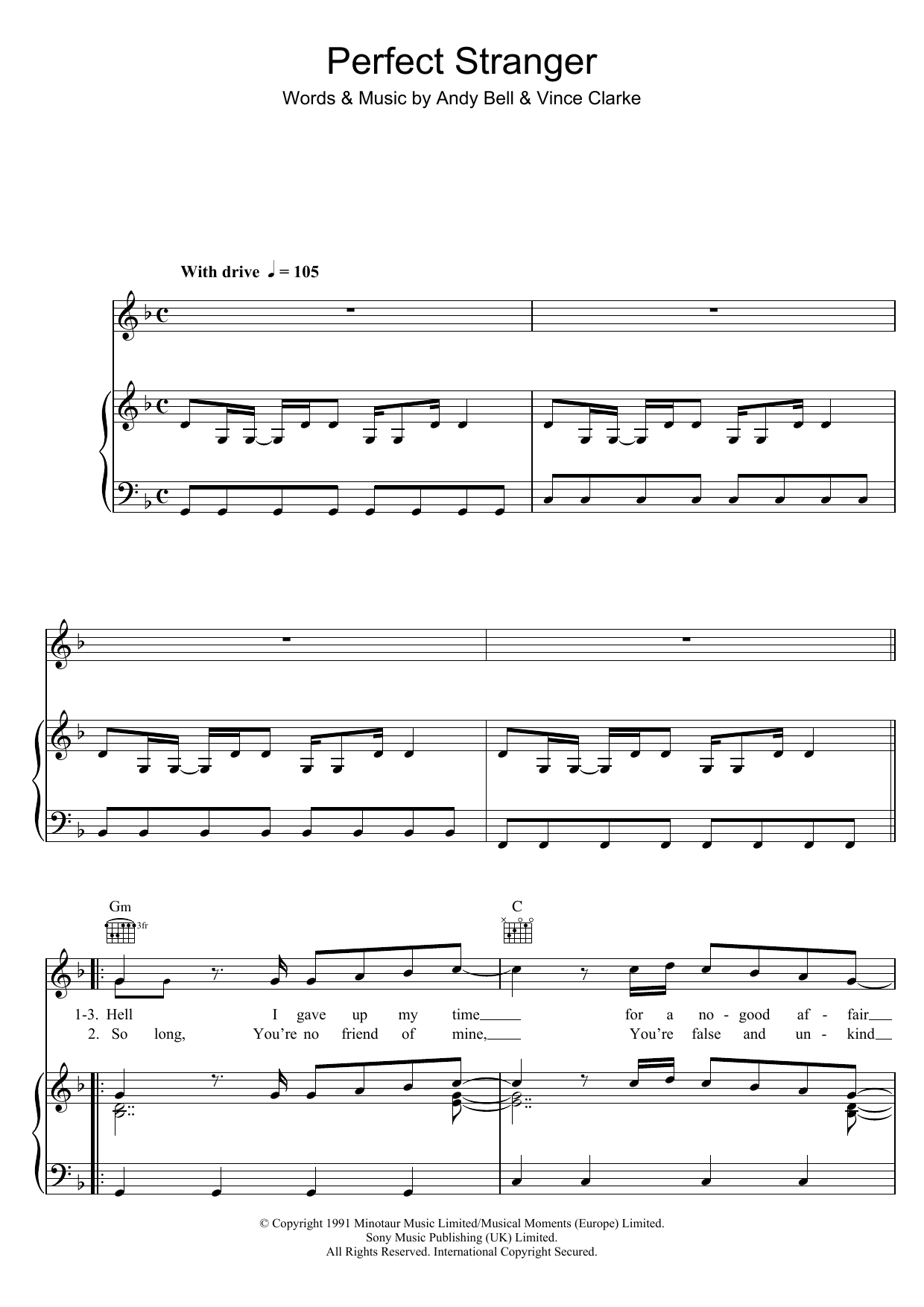 Erasure Perfect Stranger sheet music notes and chords arranged for Piano, Vocal & Guitar Chords