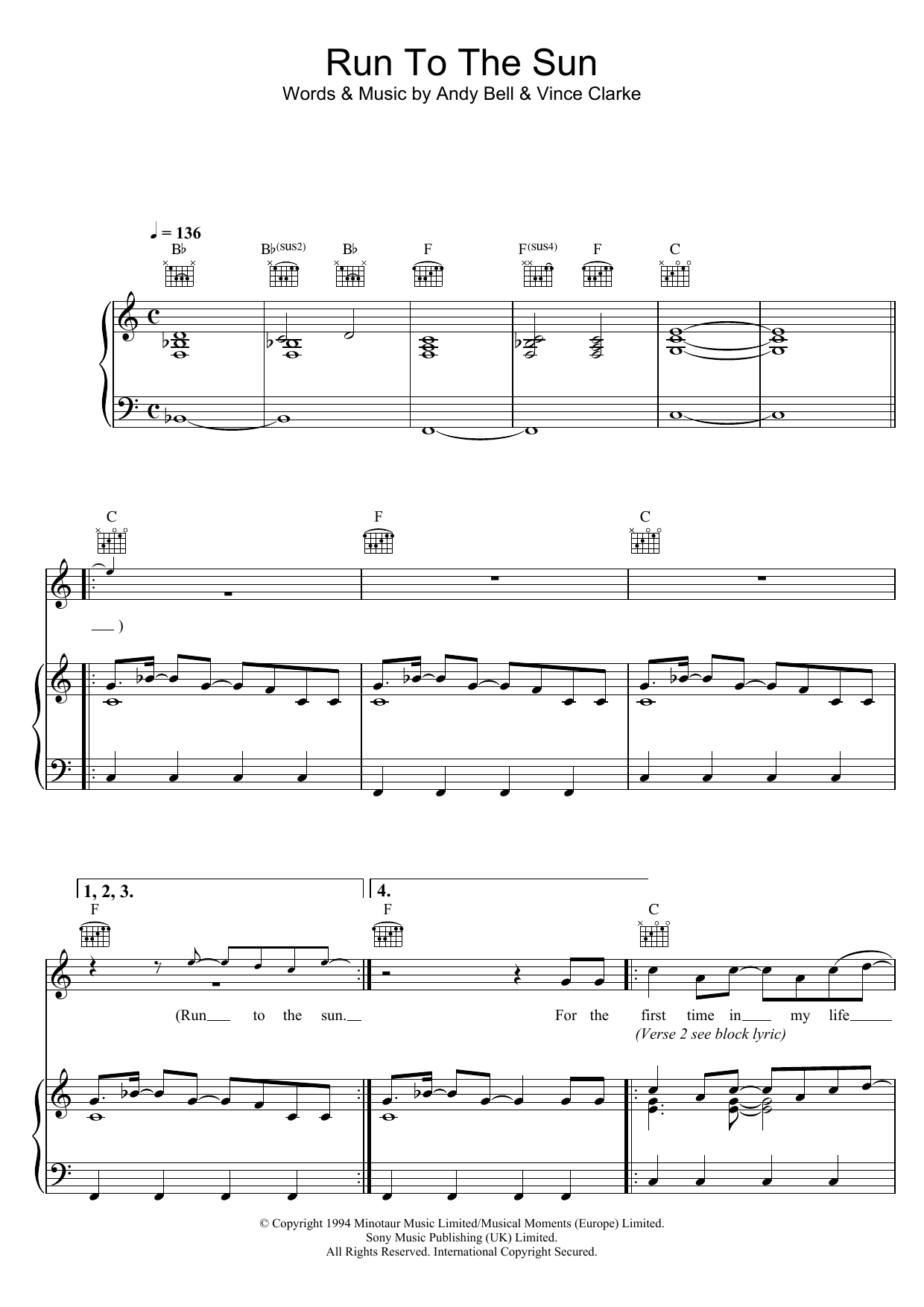 Erasure Run To The Sun sheet music notes and chords arranged for Piano, Vocal & Guitar Chords