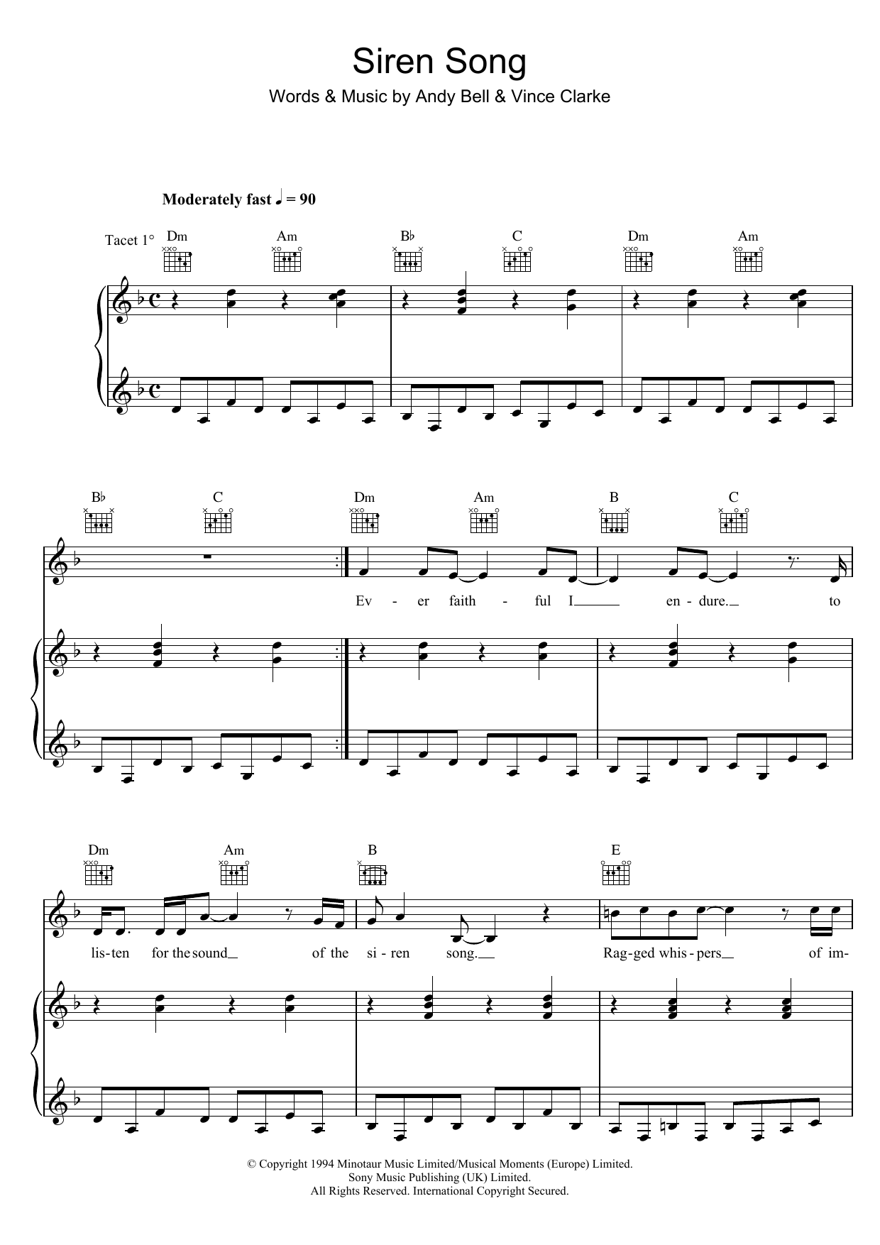 Erasure Siren Song sheet music notes and chords arranged for Piano, Vocal & Guitar Chords