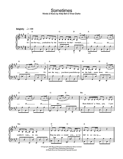 Erasure Sometimes sheet music notes and chords arranged for Beginner Piano