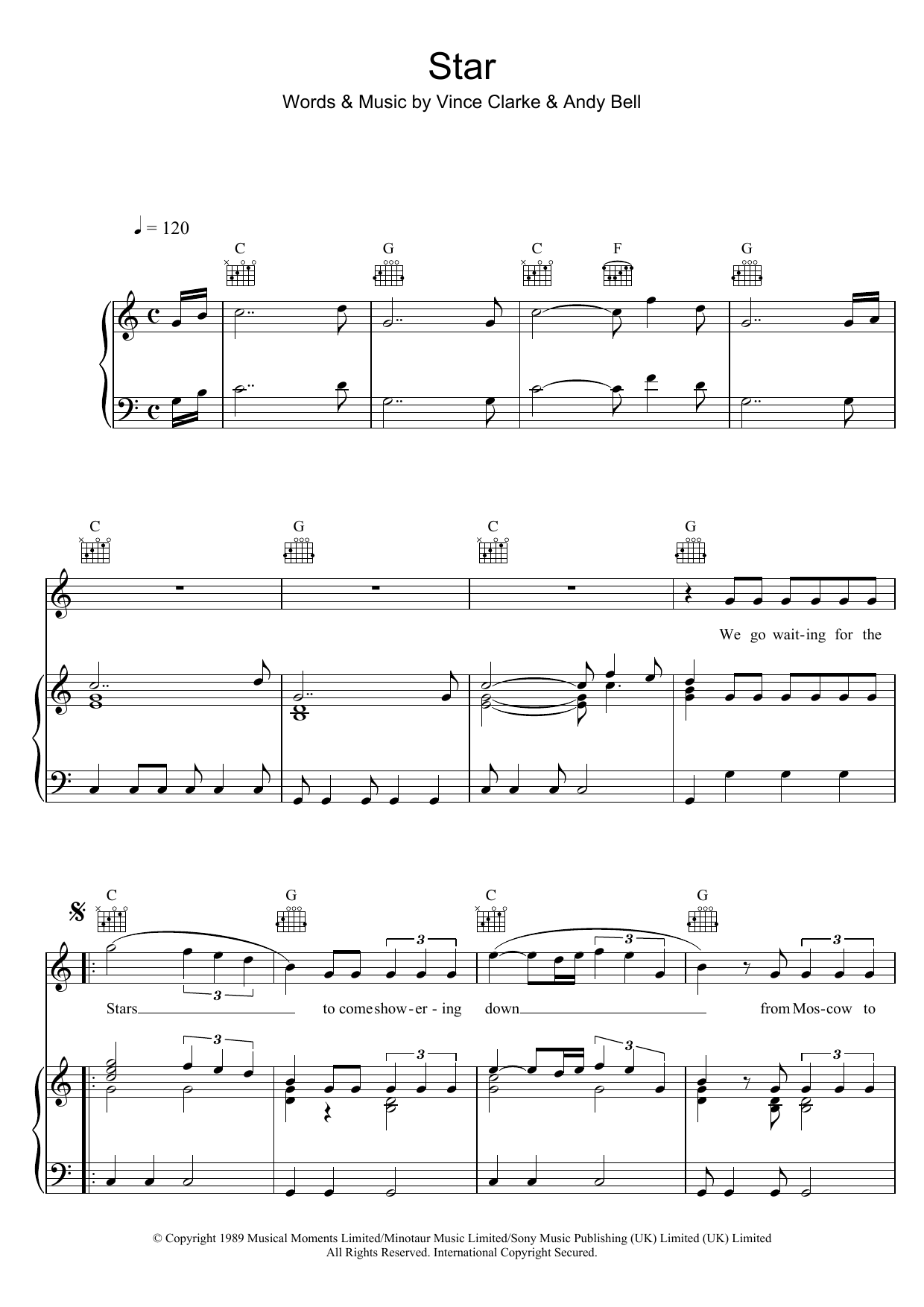 Erasure Star sheet music notes and chords arranged for Piano, Vocal & Guitar Chords