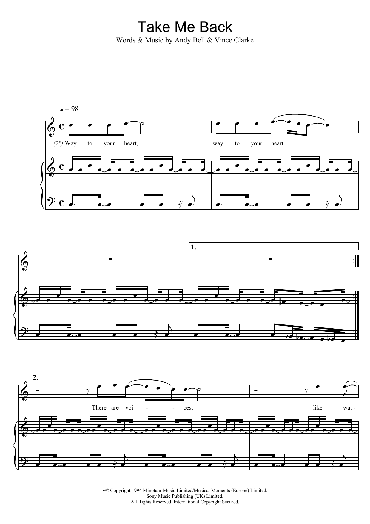 Erasure Take Me Back sheet music notes and chords arranged for Piano, Vocal & Guitar Chords