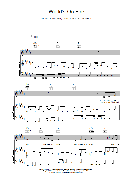 Erasure World's On Fire sheet music notes and chords arranged for Piano, Vocal & Guitar Chords