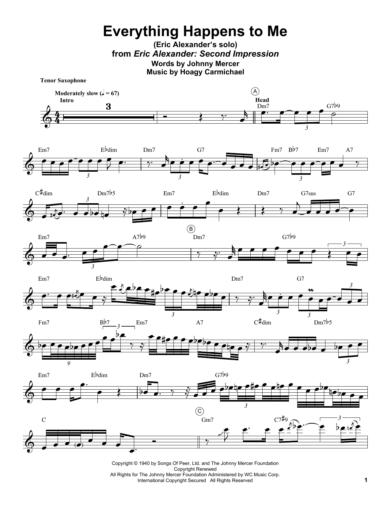 Eric Alexander Everything Happens To Me sheet music notes and chords arranged for Tenor Sax Transcription