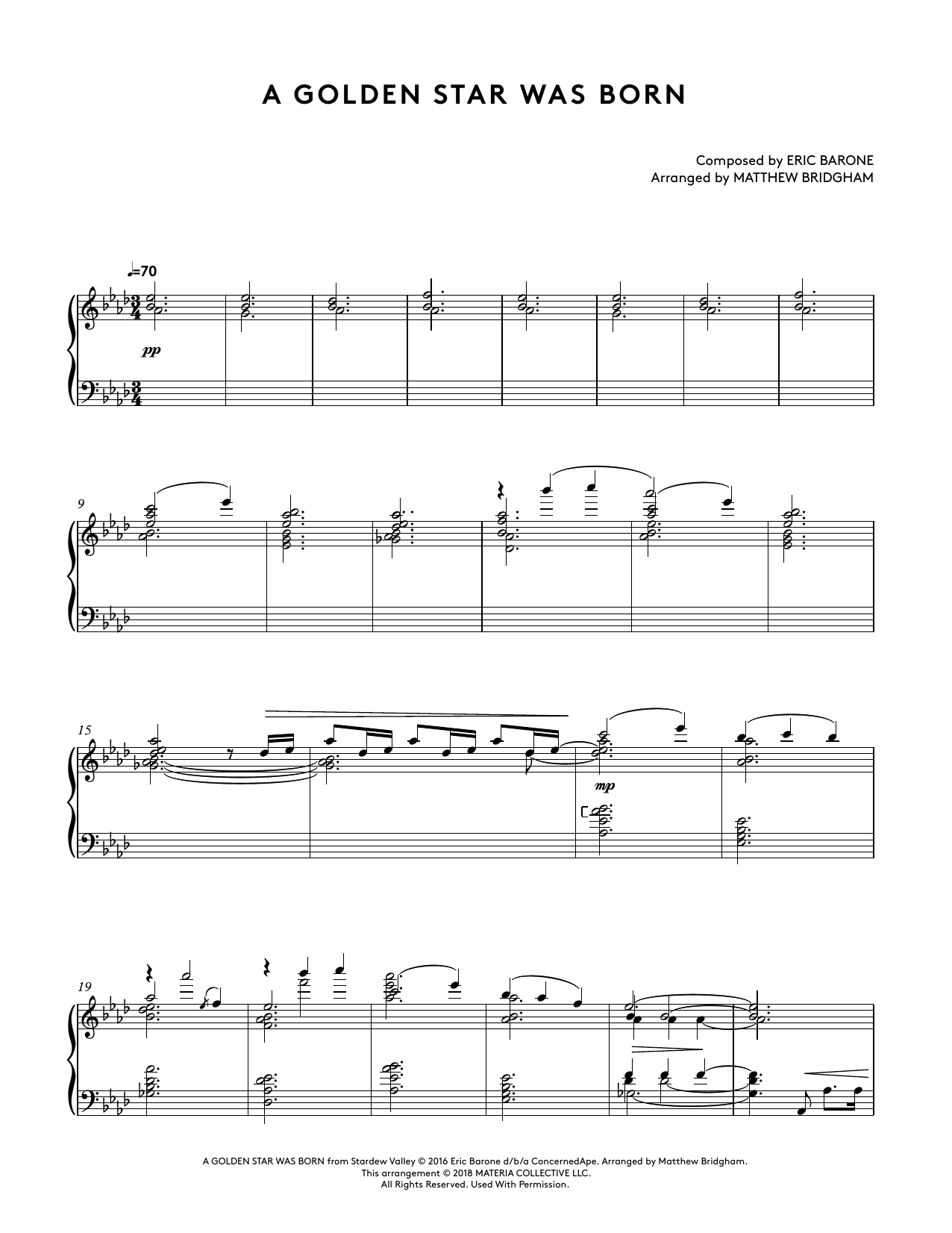 Eric Barone A Golden Star Was Born (from Stardew Valley Piano Collections) (arr. Matthew Bridgham) sheet music notes and chords arranged for Piano Solo