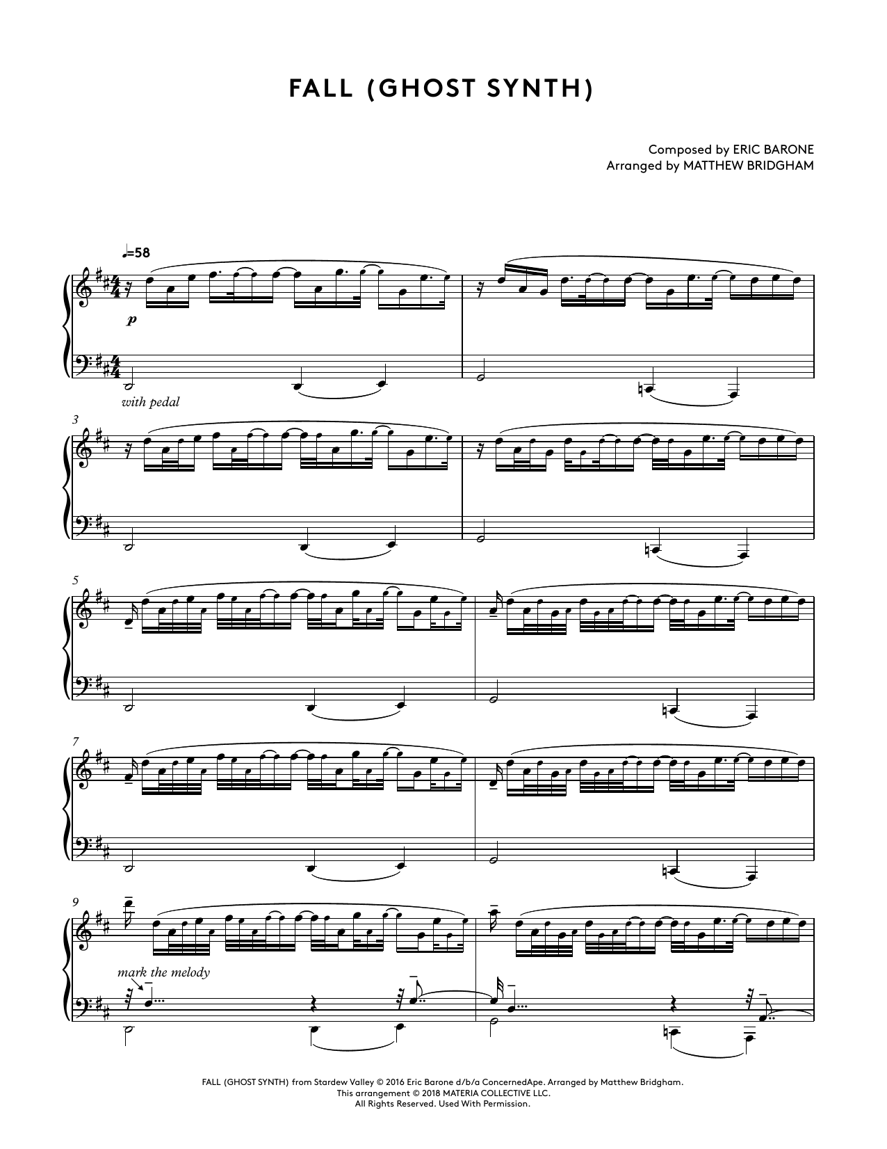 Eric Barone Fall (Ghost Synth) (from Stardew Valley Piano Collections) (arr. Matthew Bridgham) sheet music notes and chords arranged for Piano Solo
