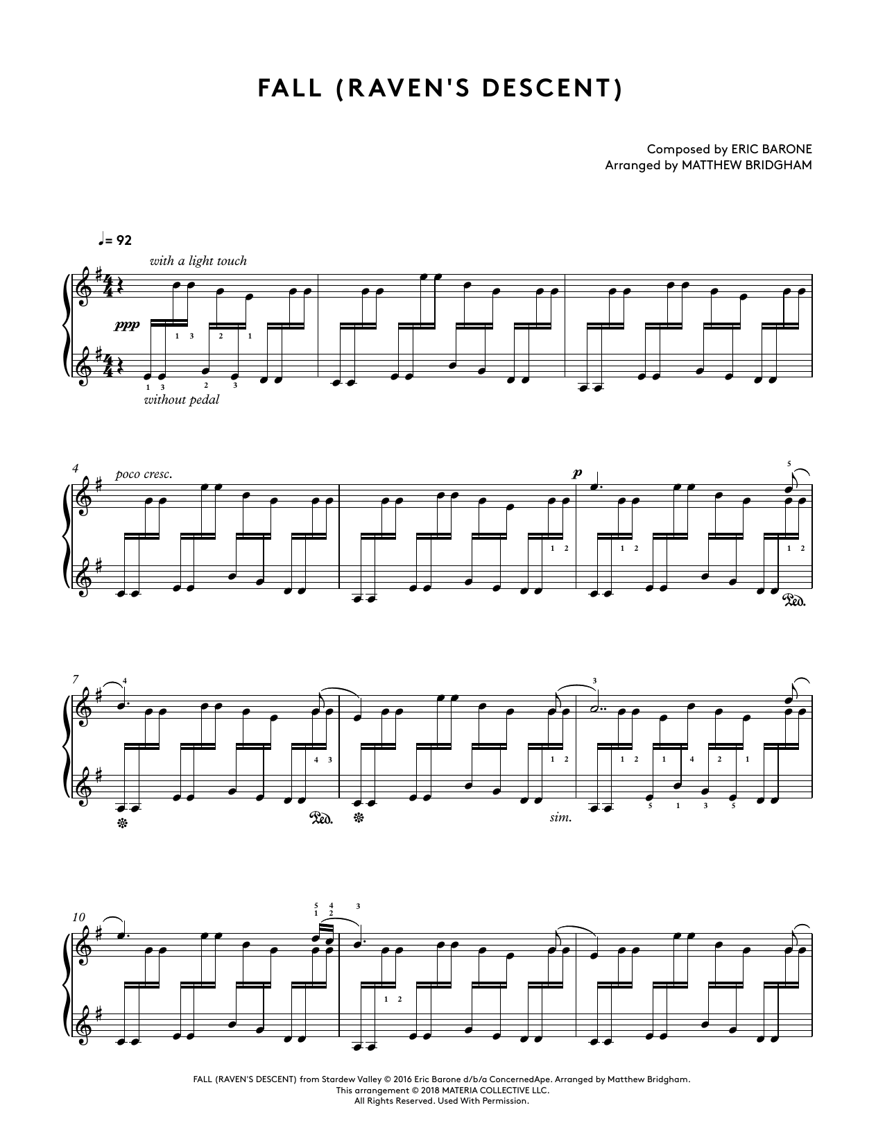 Eric Barone Fall (Raven's Descent) (from Stardew Valley Piano Collections) (arr. Matthew Bridgham) sheet music notes and chords arranged for Piano Solo