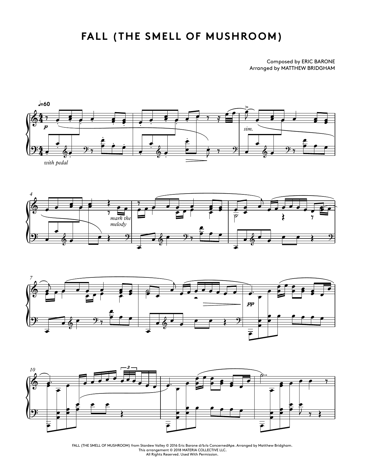 Eric Barone Fall (The Smell Of Mushroom) (from Stardew Valley Piano Collections) (arr. Matthew Bridgham) sheet music notes and chords arranged for Piano Solo