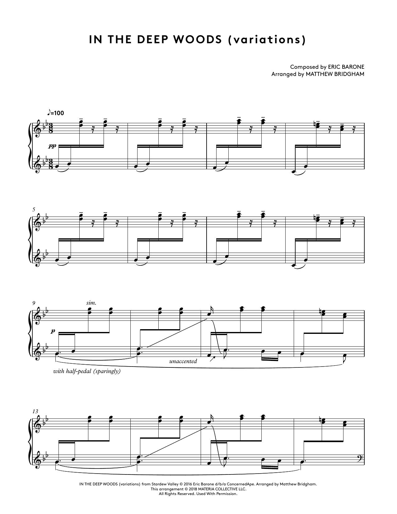Eric Barone In The Deep Woods (variations) (from Stardew Valley Piano Collections) (arr. Matthew Bridgham) sheet music notes and chords arranged for Piano Solo