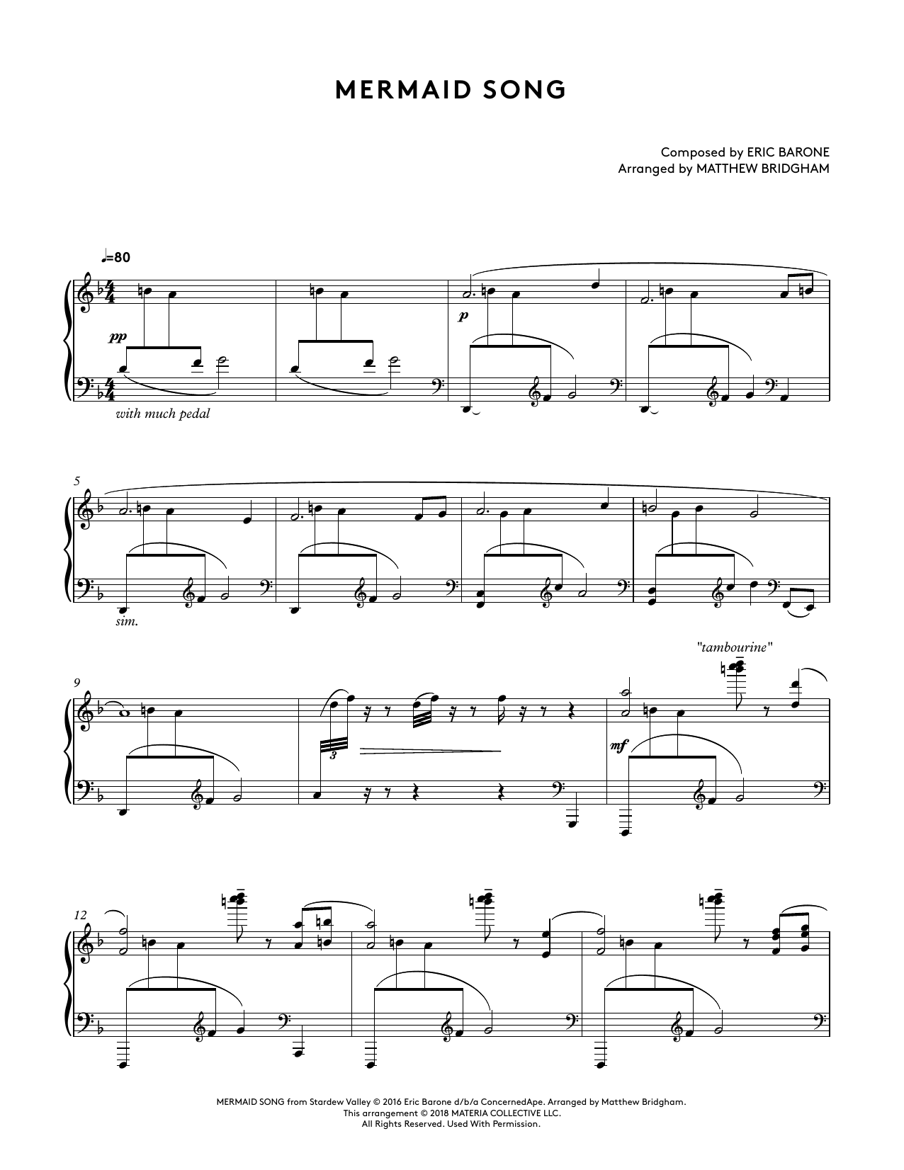 Eric Barone Mermaid Song (from Stardew Valley Piano Collections) (arr. Matthew Bridgham) sheet music notes and chords arranged for Piano Solo