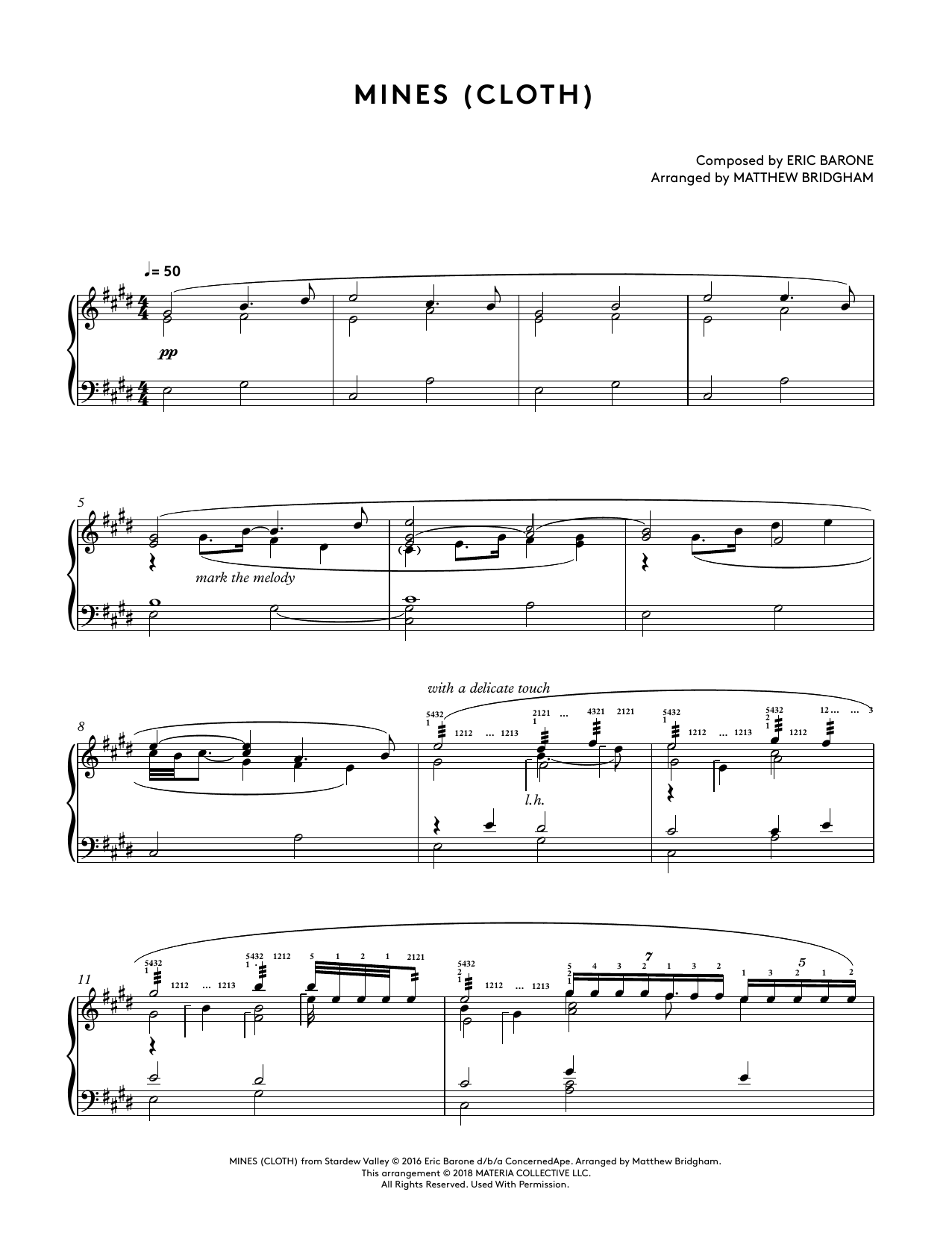 Eric Barone Mines (Cloth) (from Stardew Valley Piano Collections) (arr. Matthew Bridgham) sheet music notes and chords arranged for Piano Solo