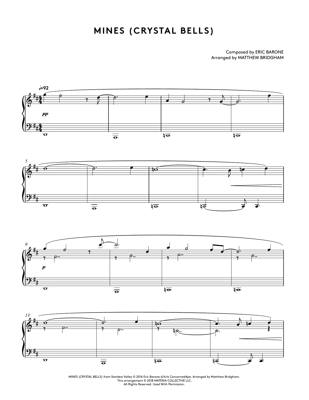 Eric Barone Mines (Crystal Bells) (from Stardew Valley Piano Collections) (arr. Matthew Bridgham) sheet music notes and chords arranged for Piano Solo