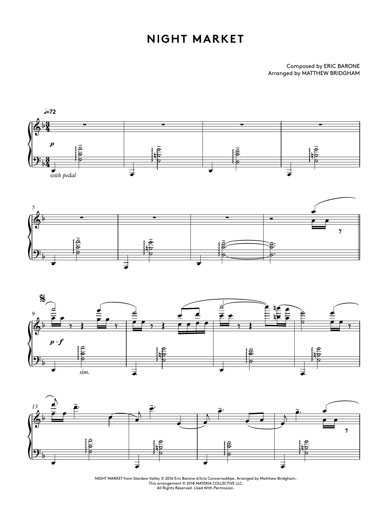 Eric Barone Night Market (from Stardew Valley Piano Collections) (arr. Matthew Bridgham) sheet music notes and chords arranged for Piano Solo