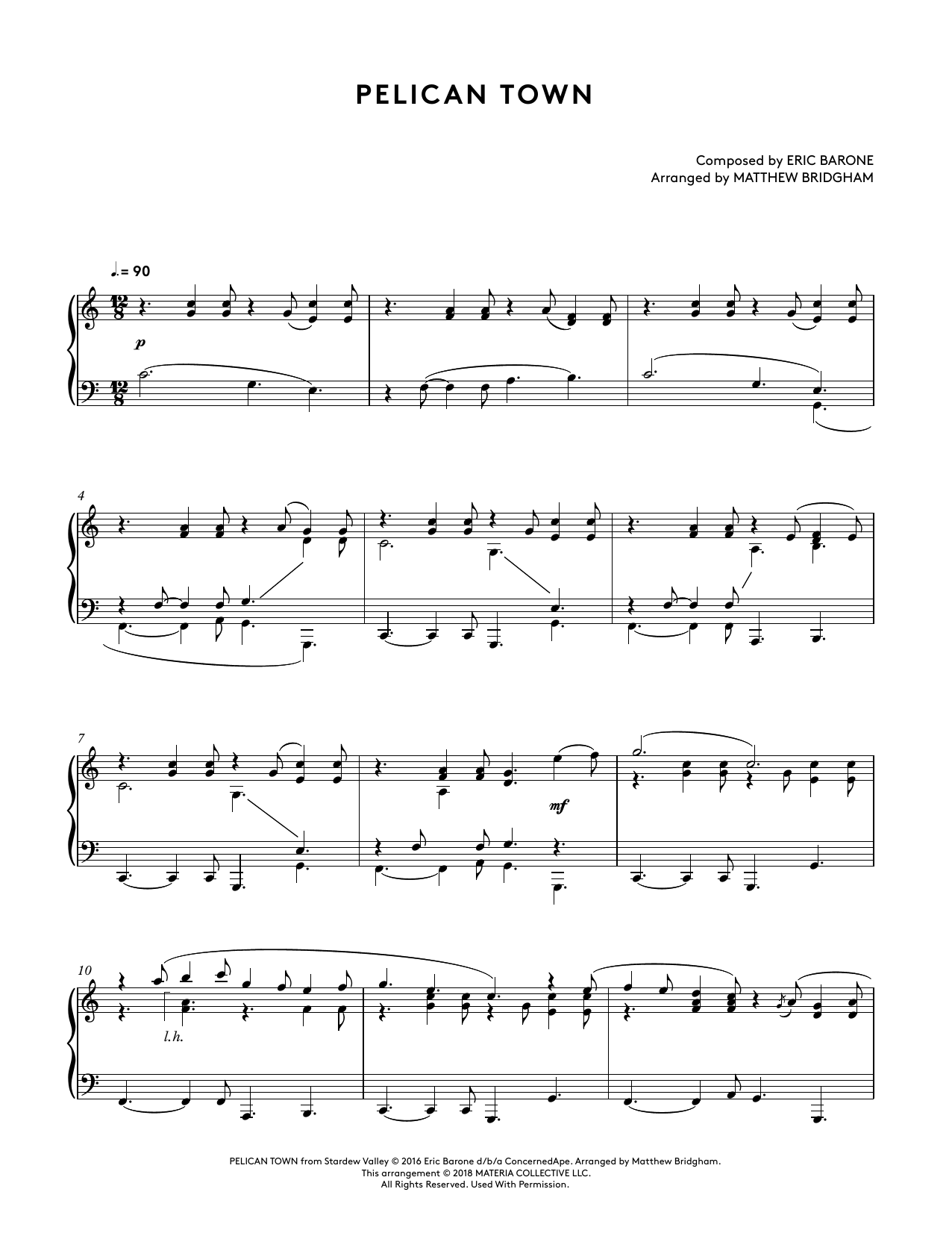 Eric Barone Pelican Town (from Stardew Valley Piano Collections) (arr. Matthew Bridgham) sheet music notes and chords arranged for Piano Solo