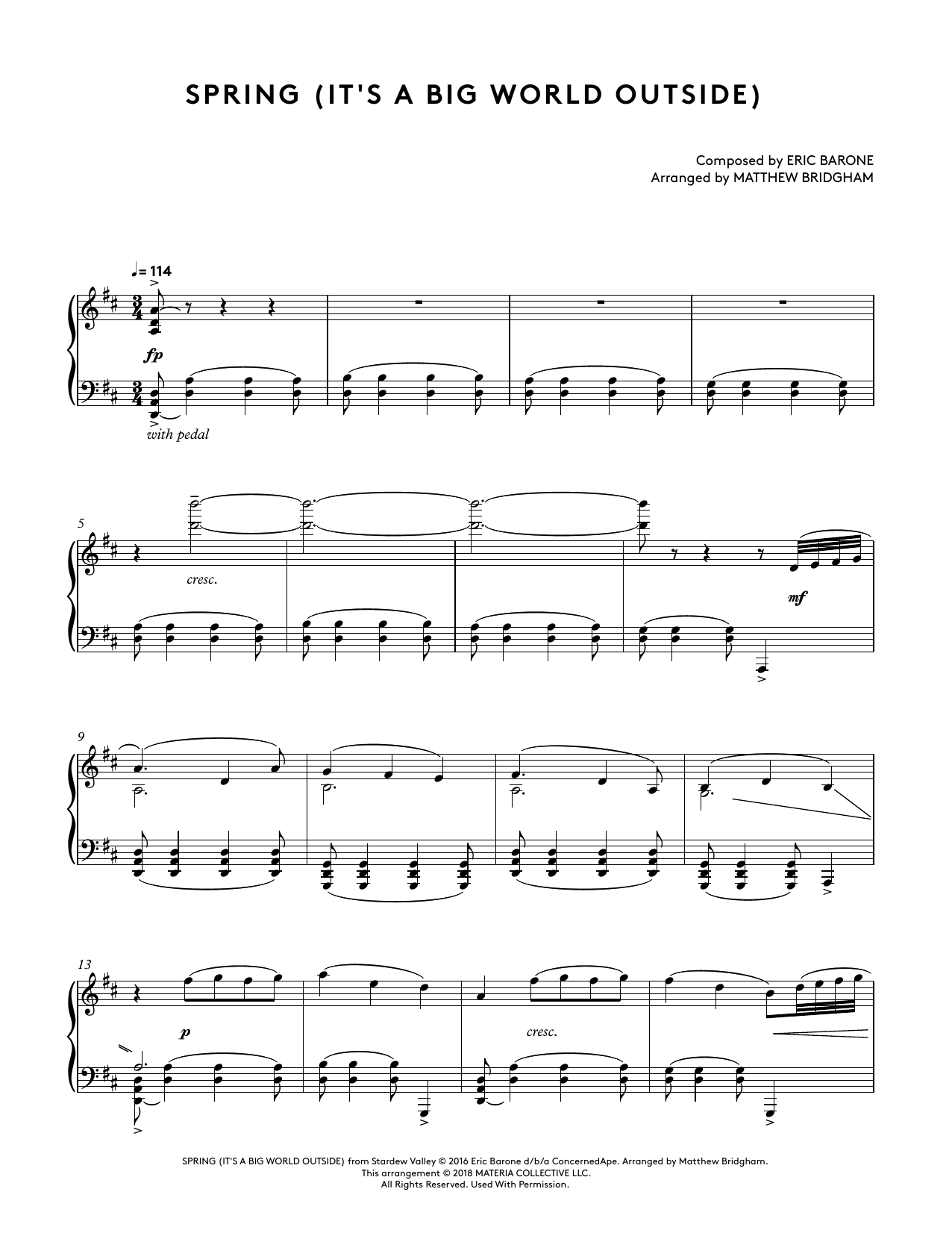 Eric Barone Spring (It's A Big World Outside) (from Stardew Valley Piano Collections) (arr. Matthew Bridgham) sheet music notes and chords arranged for Piano Solo