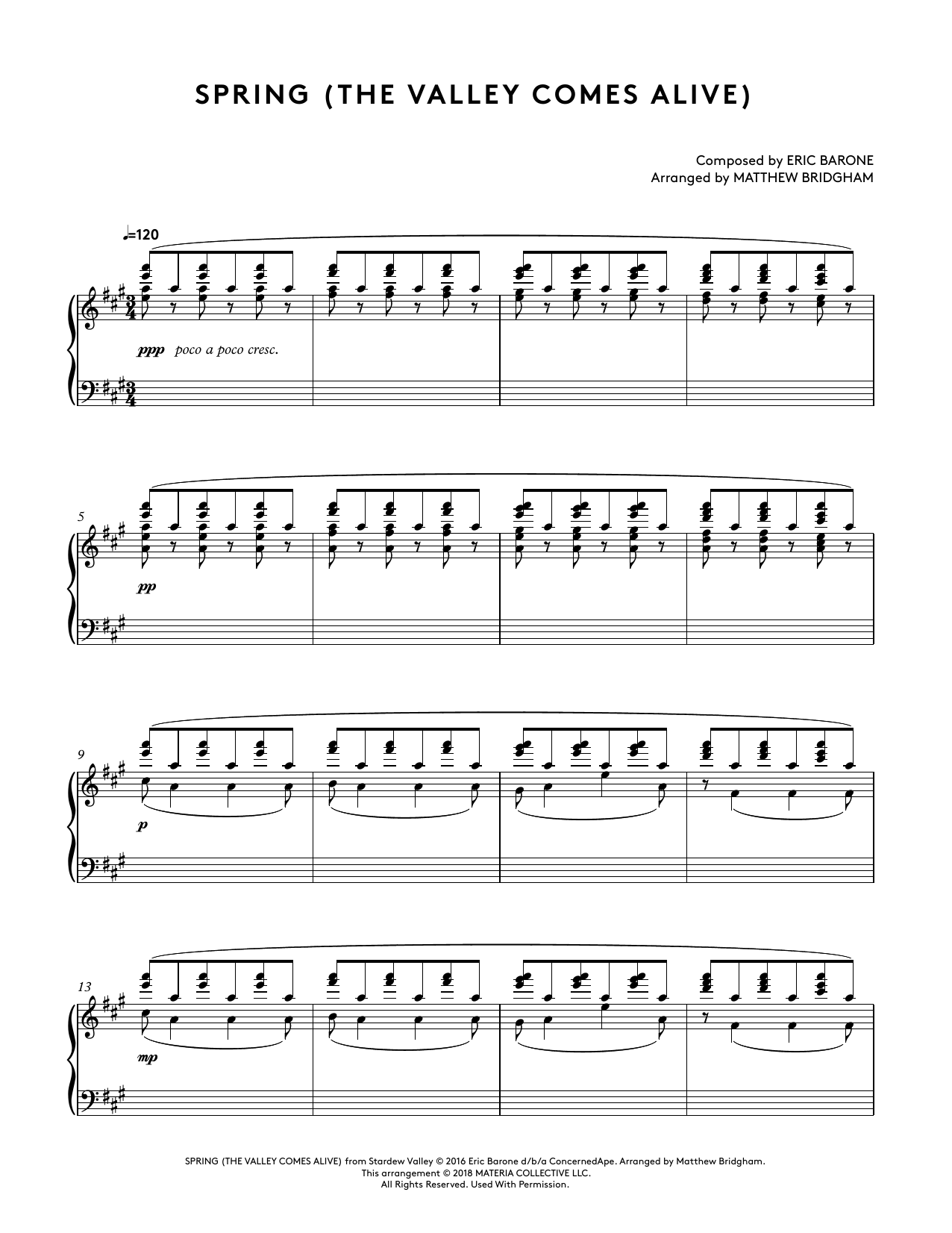 Eric Barone Spring (The Valley Comes Alive) (from Stardew Valley Piano Collections) (arr. Matthew Bridgham) sheet music notes and chords arranged for Piano Solo