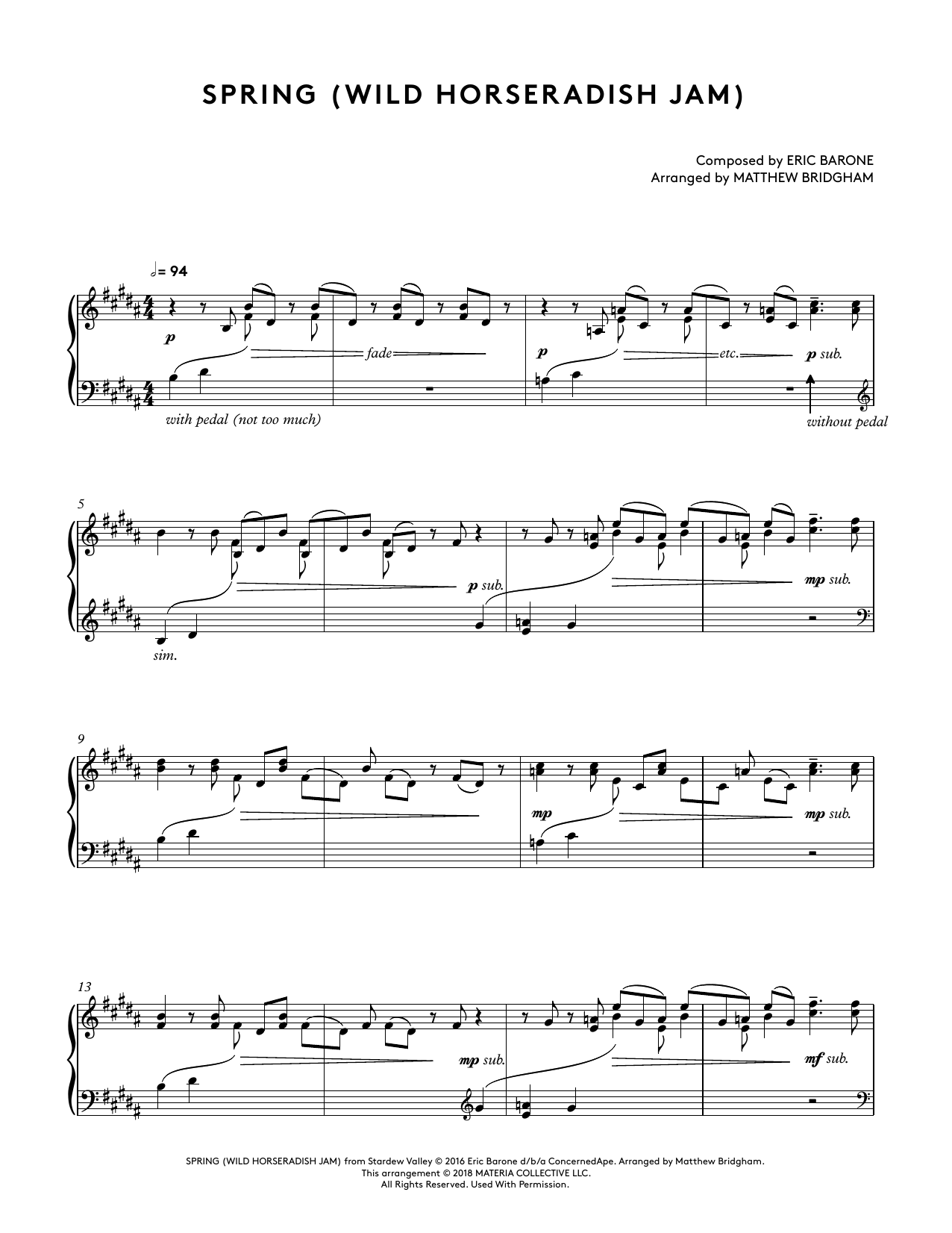 Eric Barone Spring (Wild Horseradish Jam) (from Stardew Valley Piano Collections) (arr. Matthew Bridgham) sheet music notes and chords arranged for Piano Solo