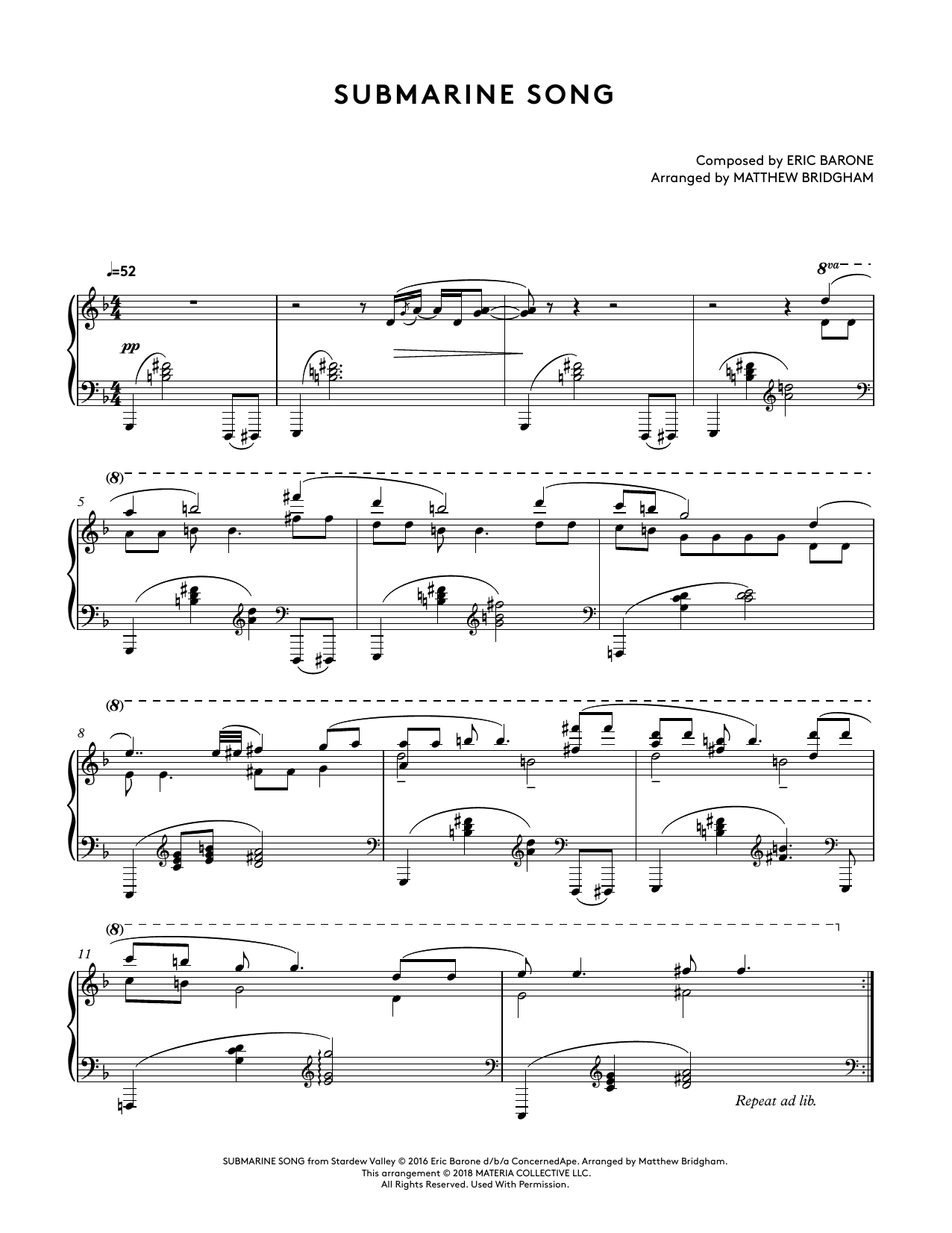 Eric Barone Submarine Song (from Stardew Valley Piano Collections) (arr. Matthew Bridgham) sheet music notes and chords arranged for Piano Solo