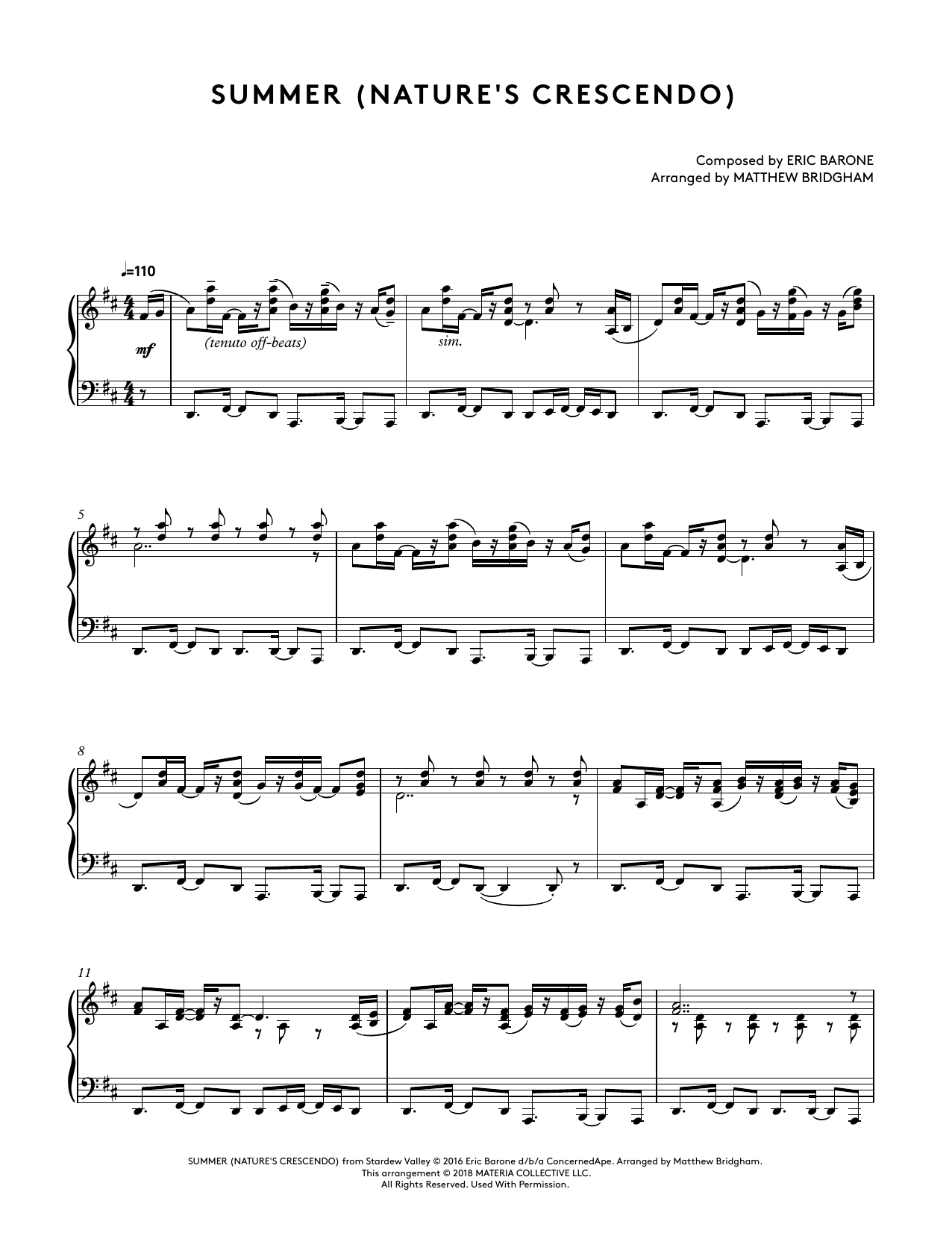 Eric Barone Summer (Nature's Crecendo) (from Stardew Valley Piano Collections) (arr. Matthew Bridgham) sheet music notes and chords arranged for Piano Solo