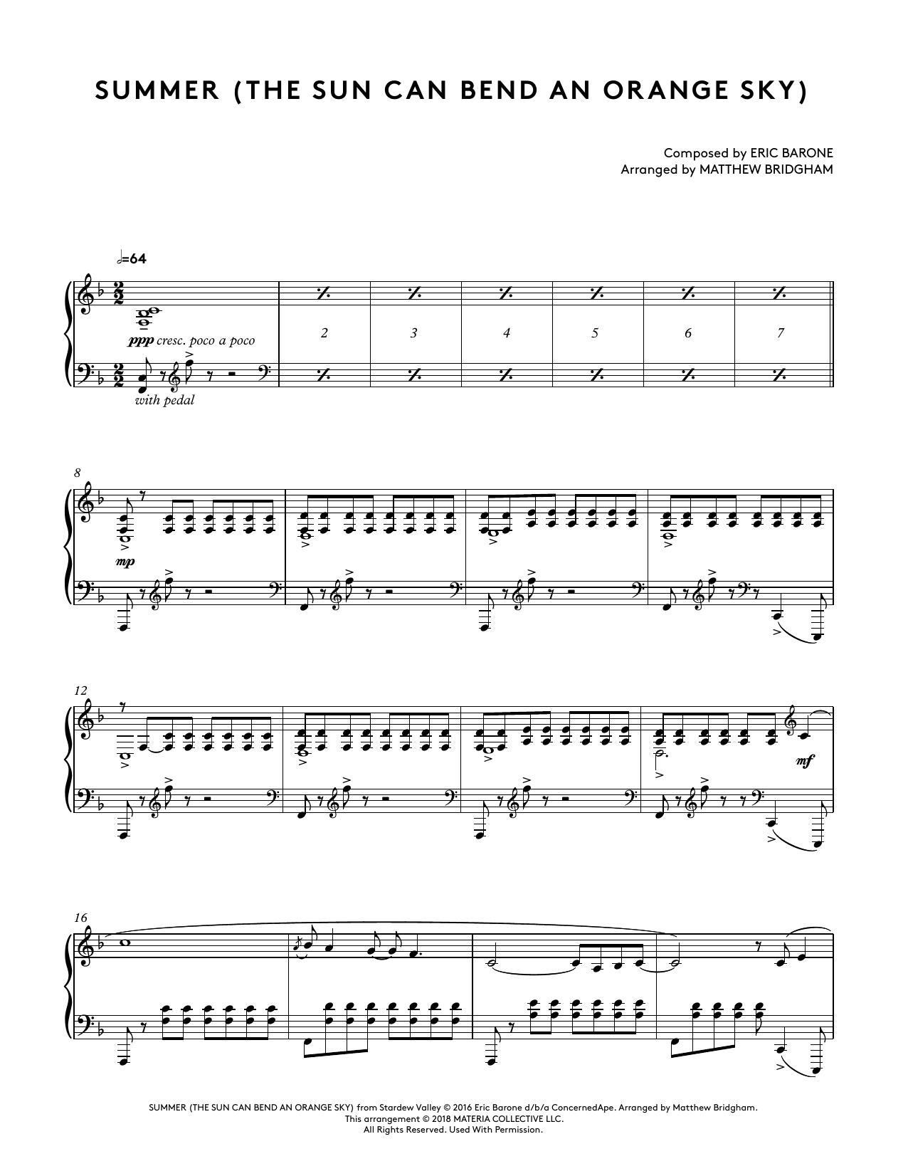 Eric Barone Summer (The Sun Can Bend An Orange Sky) (Stardew Valley Piano Collections) (arr. Matthew Bridgham) sheet music notes and chords arranged for Piano Solo