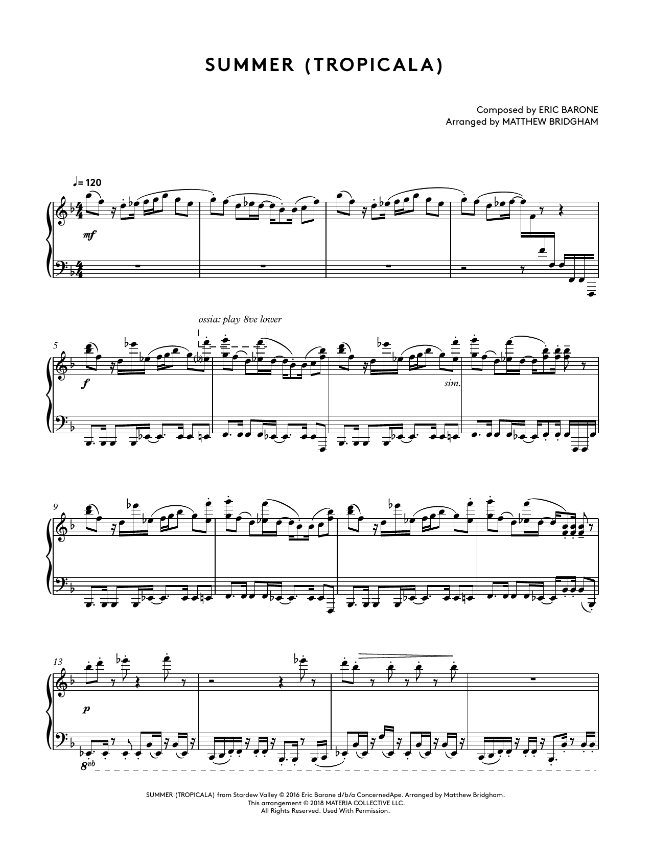 Eric Barone Summer (Tropicala) (from Stardew Valley Piano Collections) (arr. Matthew Bridgham) sheet music notes and chords arranged for Piano Solo