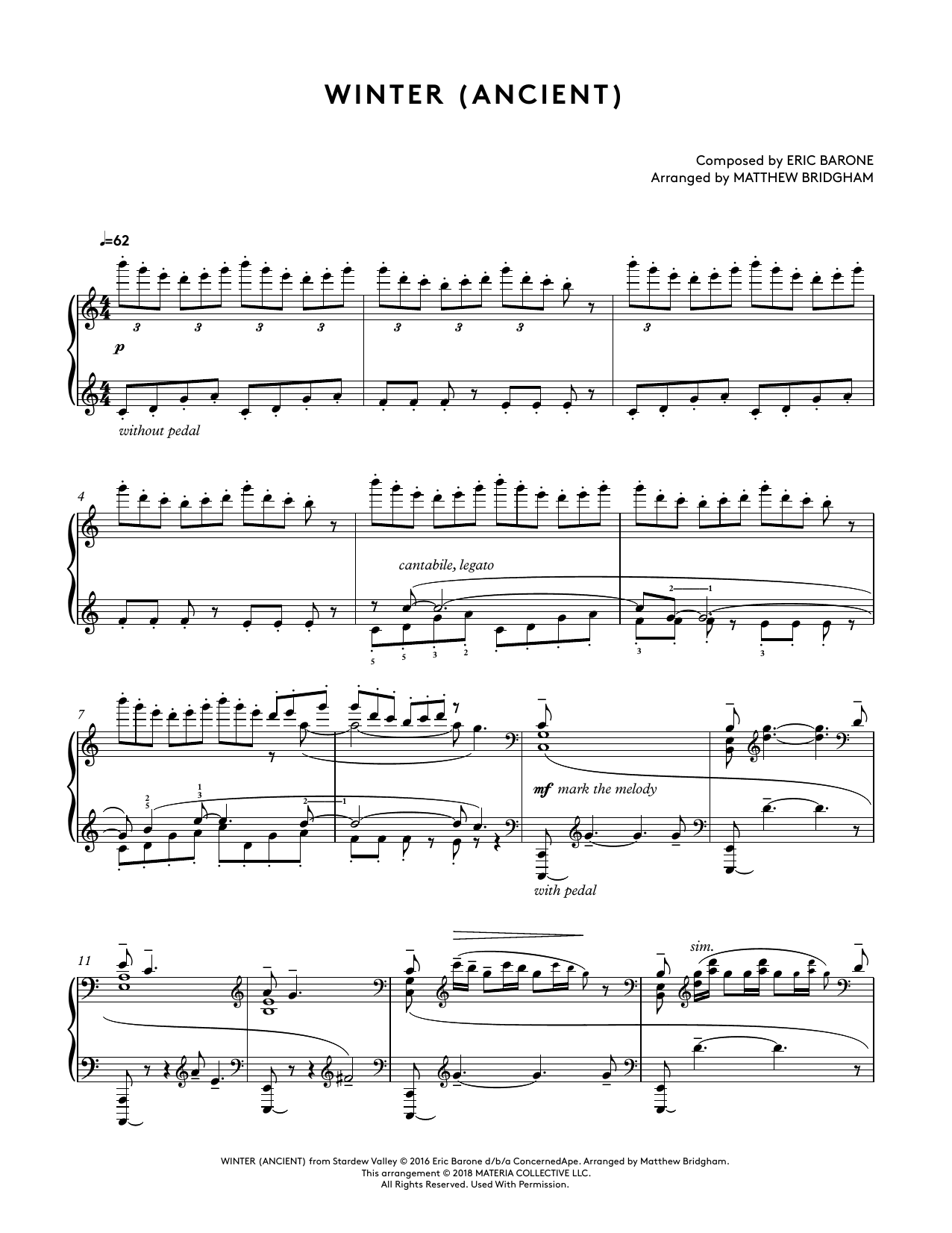 Eric Barone Winter (Ancient) (from Stardew Valley Piano Collections) (arr. Matthew Bridgham) sheet music notes and chords arranged for Piano Solo