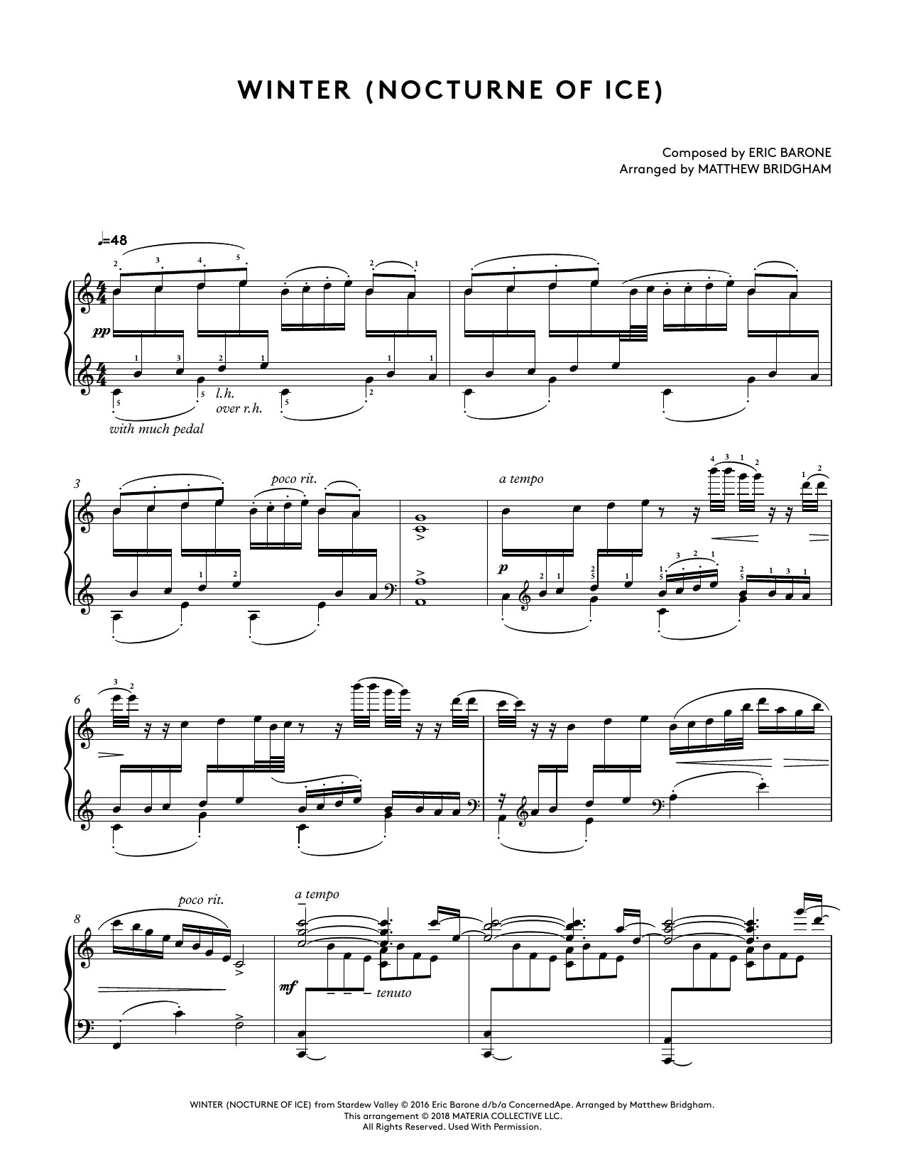 Eric Barone Winter (Nocturne Of Ice) (from Stardew Valley Piano Collections) (arr. Matthew Bridgham) sheet music notes and chords arranged for Piano Solo