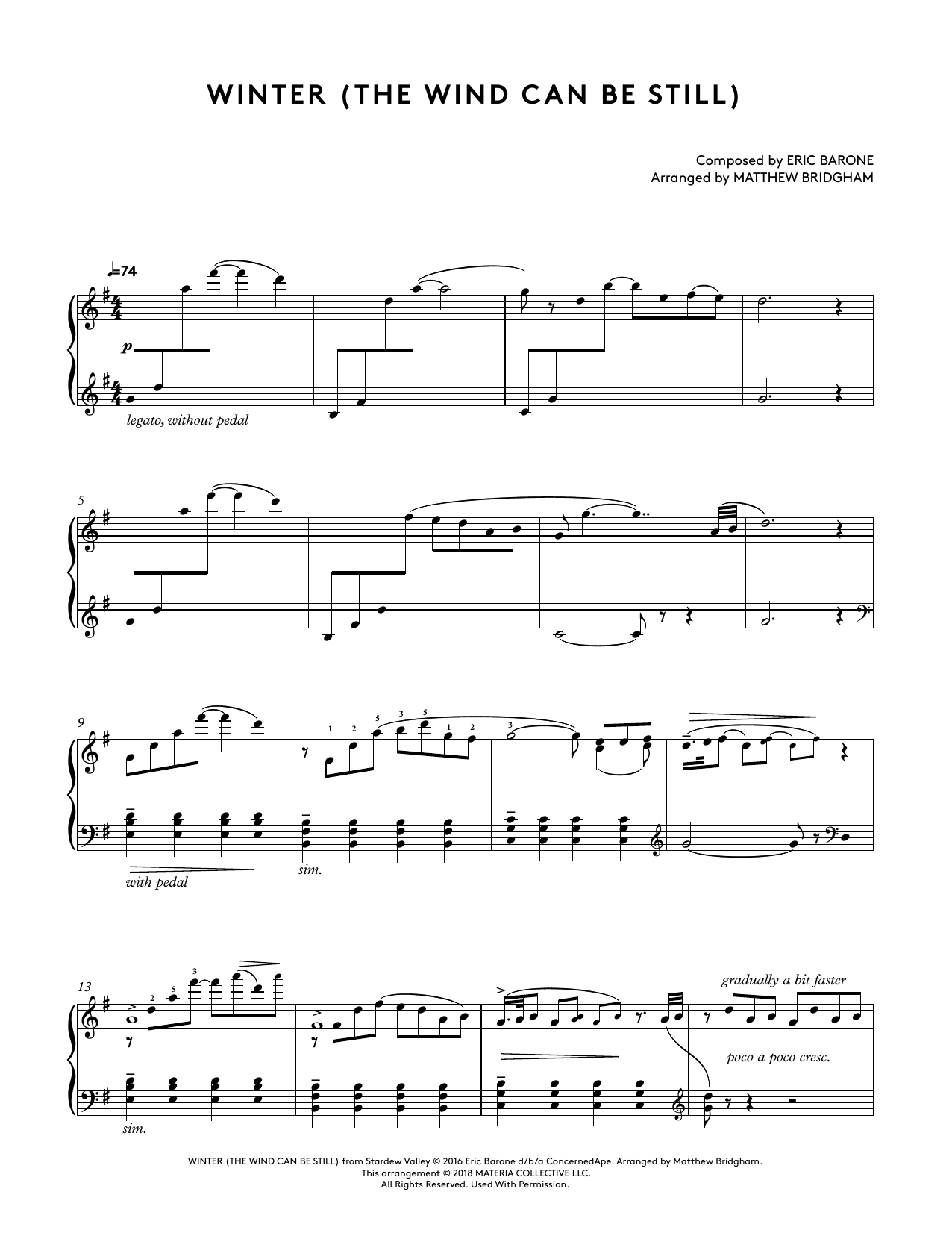 Eric Barone Winter (The Wind Can Be Still) (from Stardew Valley Piano Collections) (arr. Matthew Bridgham) sheet music notes and chords arranged for Piano Solo